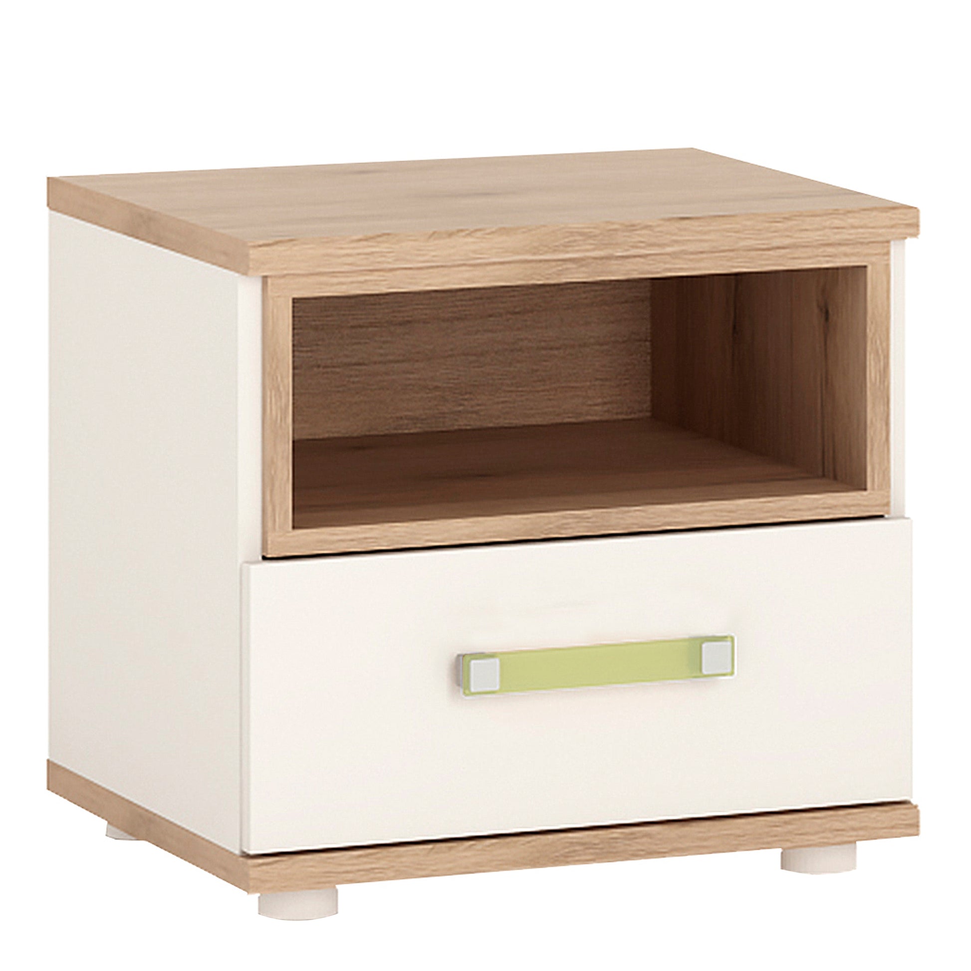 4Kids  1 Drawer bedside Cabinet in Light Oak and white High Gloss (lemon handles)