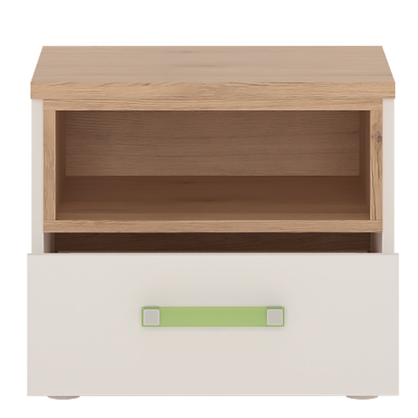 4Kids  1 Drawer bedside Cabinet in Light Oak and white High Gloss (lemon handles)