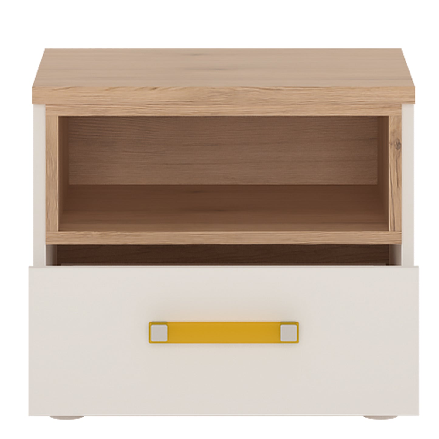 4Kids  1 Drawer bedside Cabinet in Light Oak and white High Gloss (orange handles)