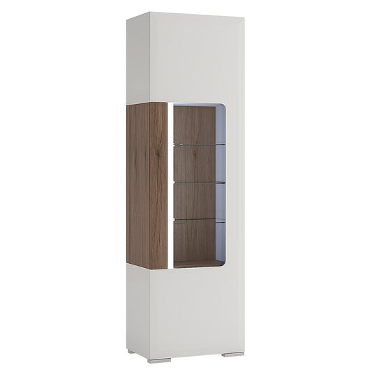 Toronto  Tall narrow glazed display cabinet with internal shelves (inc. Plexi Lighting) In White and Oak