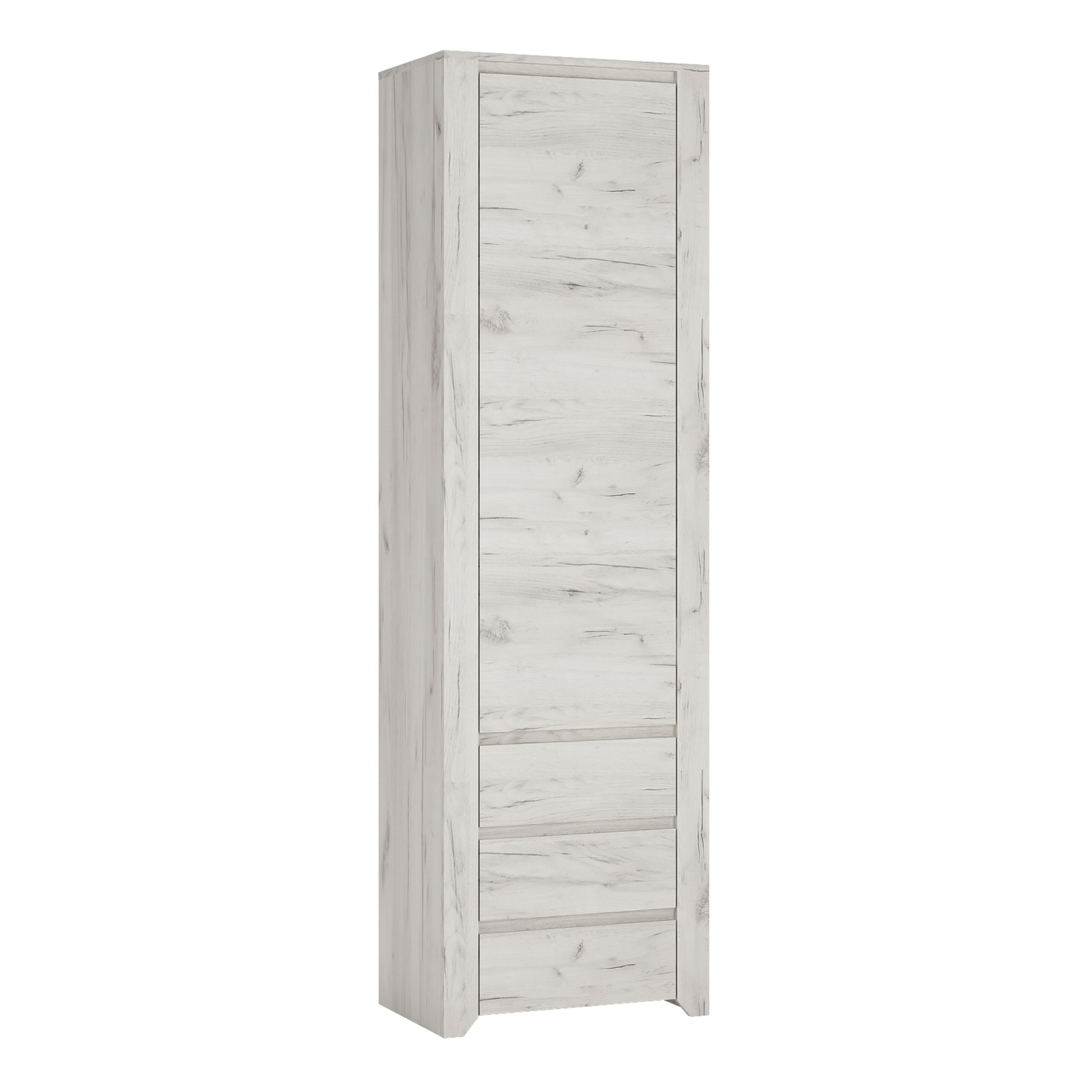 Angel  Tall Narrow One Door 3 Drawer Narrow Cupboard in White Craft Oak