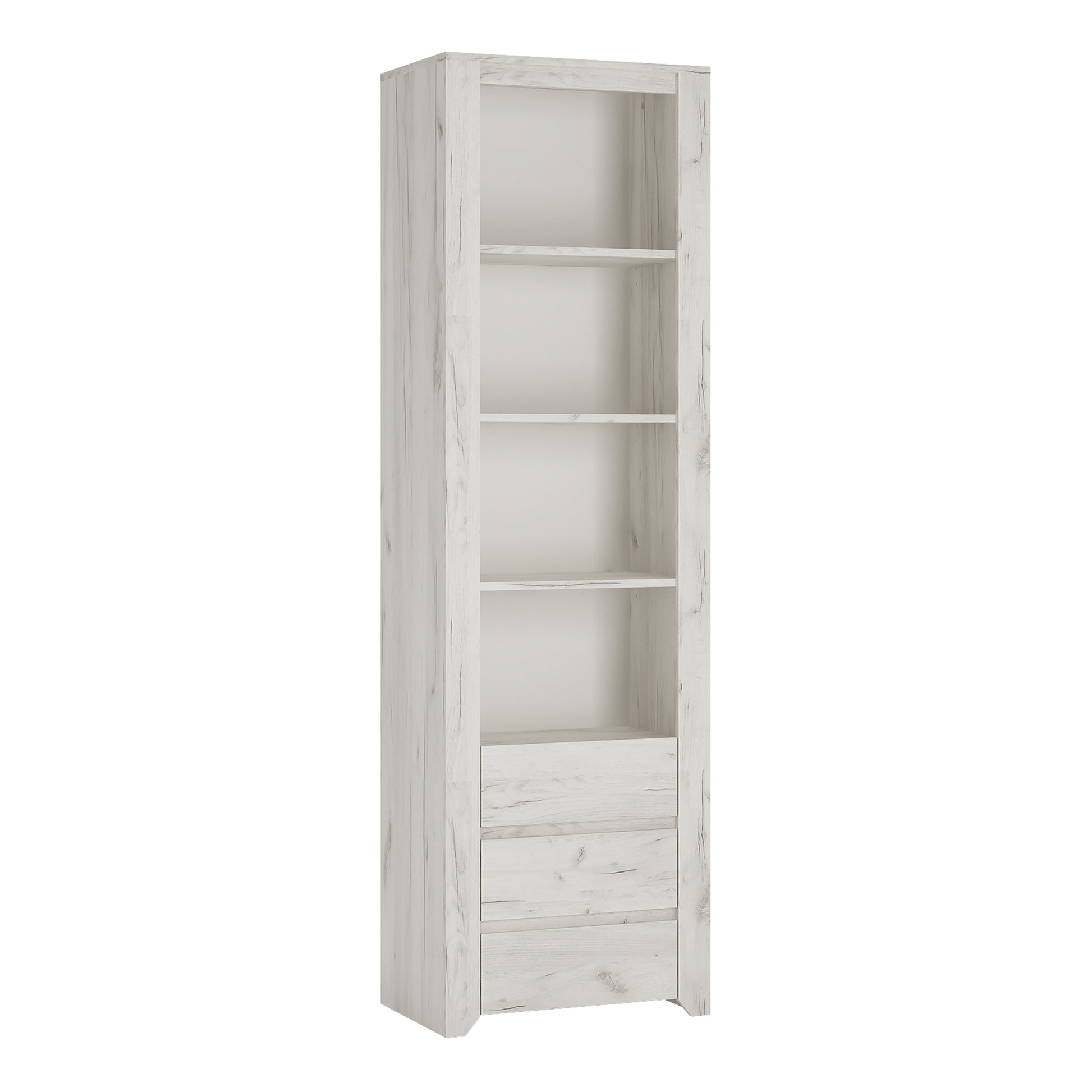 Angel  Tall Narrow 3 Drawer Bookcase in White Craft Oak