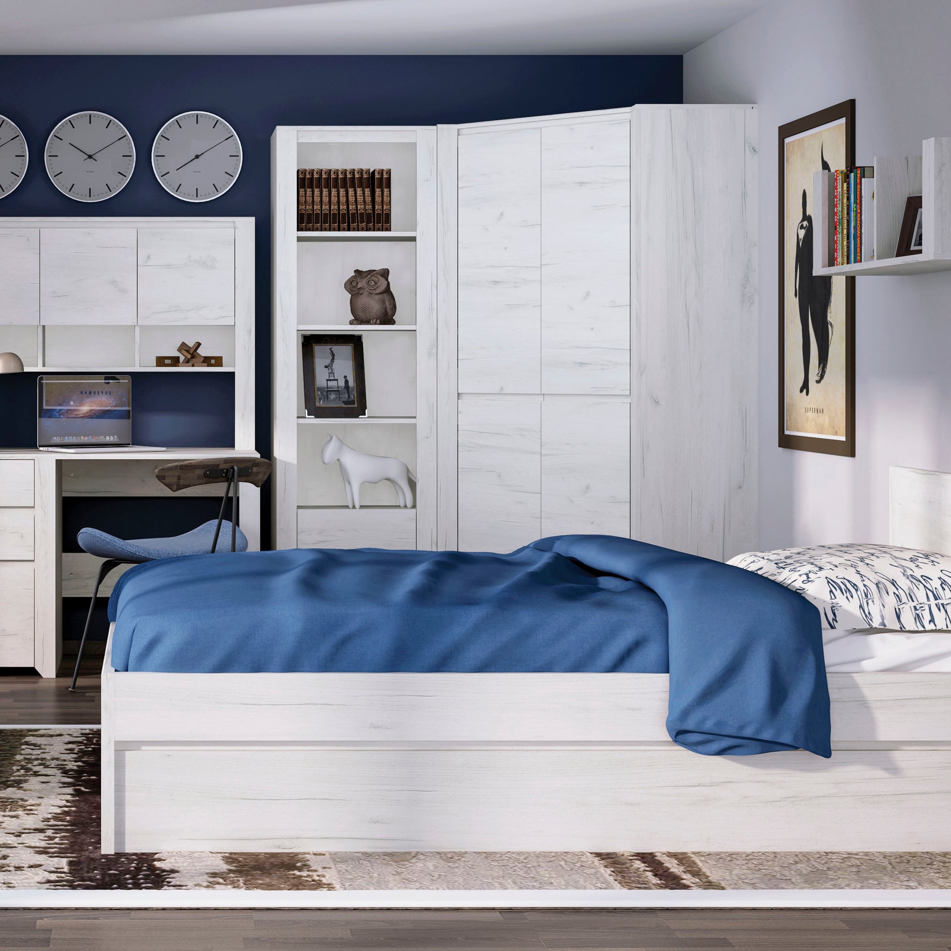 Angel  Tall Narrow 3 Drawer Bookcase in White Craft Oak