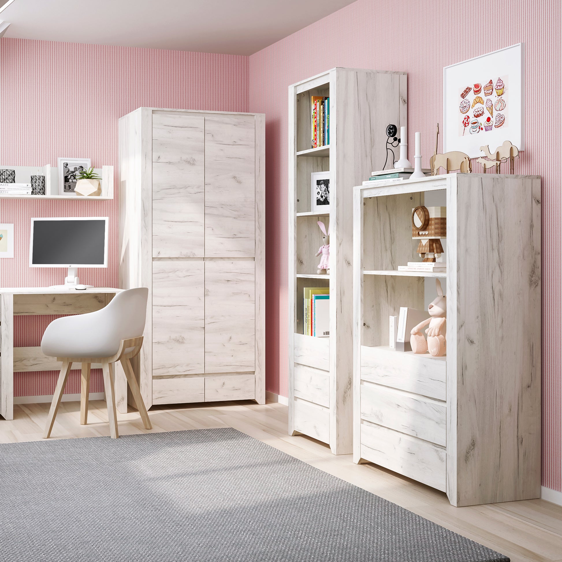 Angel  3 Drawer Cupboard with Open Shelf in White Craft Oak