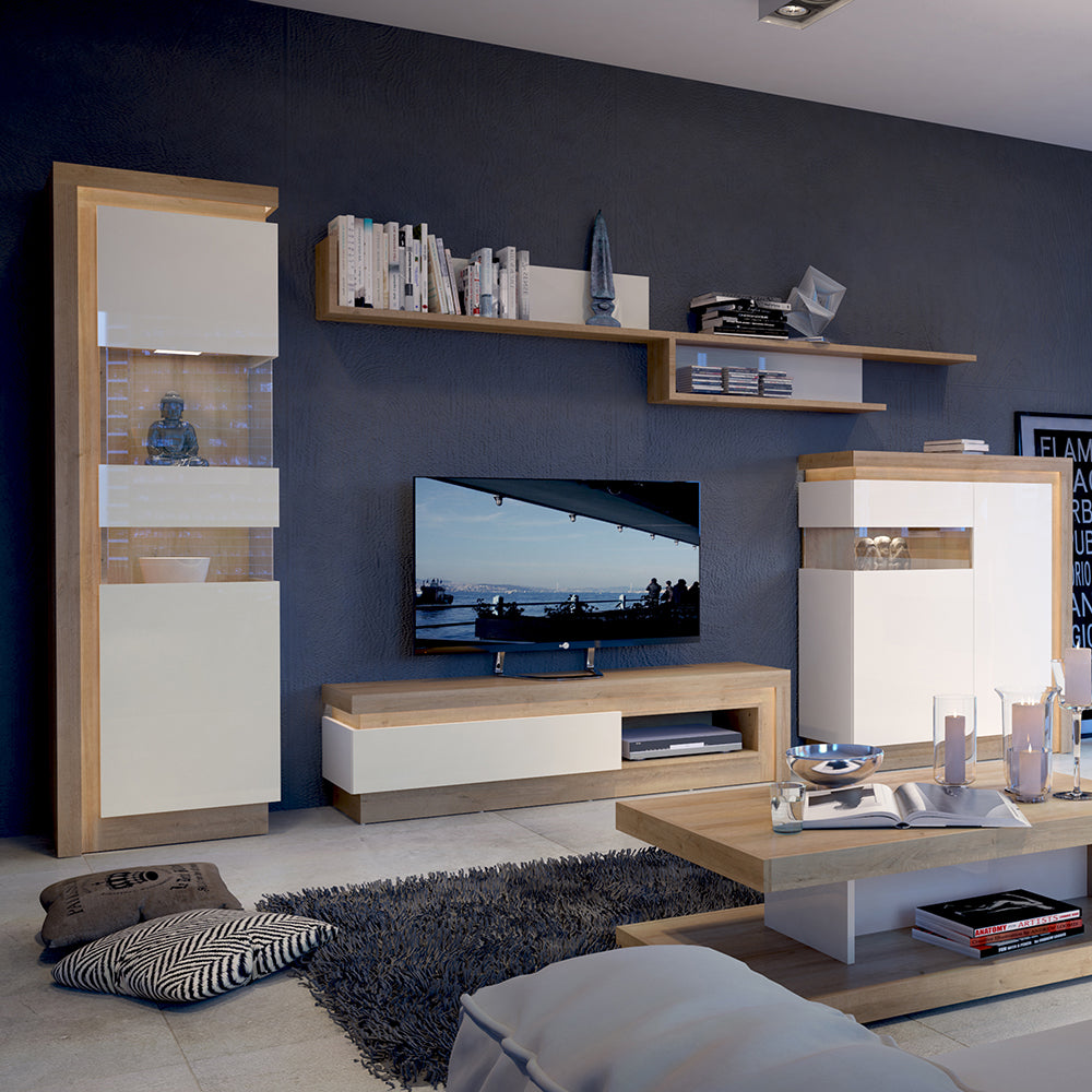 Lyon  1 drawer TV cabinet with open shelf in Riviera Oak/White High Gloss