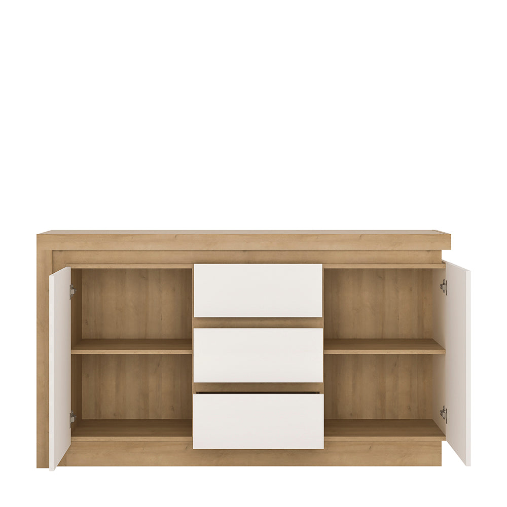 Lyon  2 door 3 drawer sideboard in Riviera Oak/White High Gloss