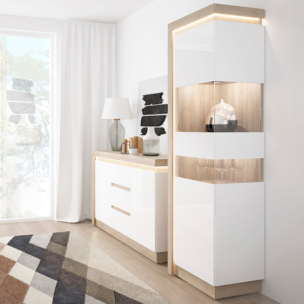Lyon  2 door 3 drawer sideboard in Riviera Oak/White High Gloss