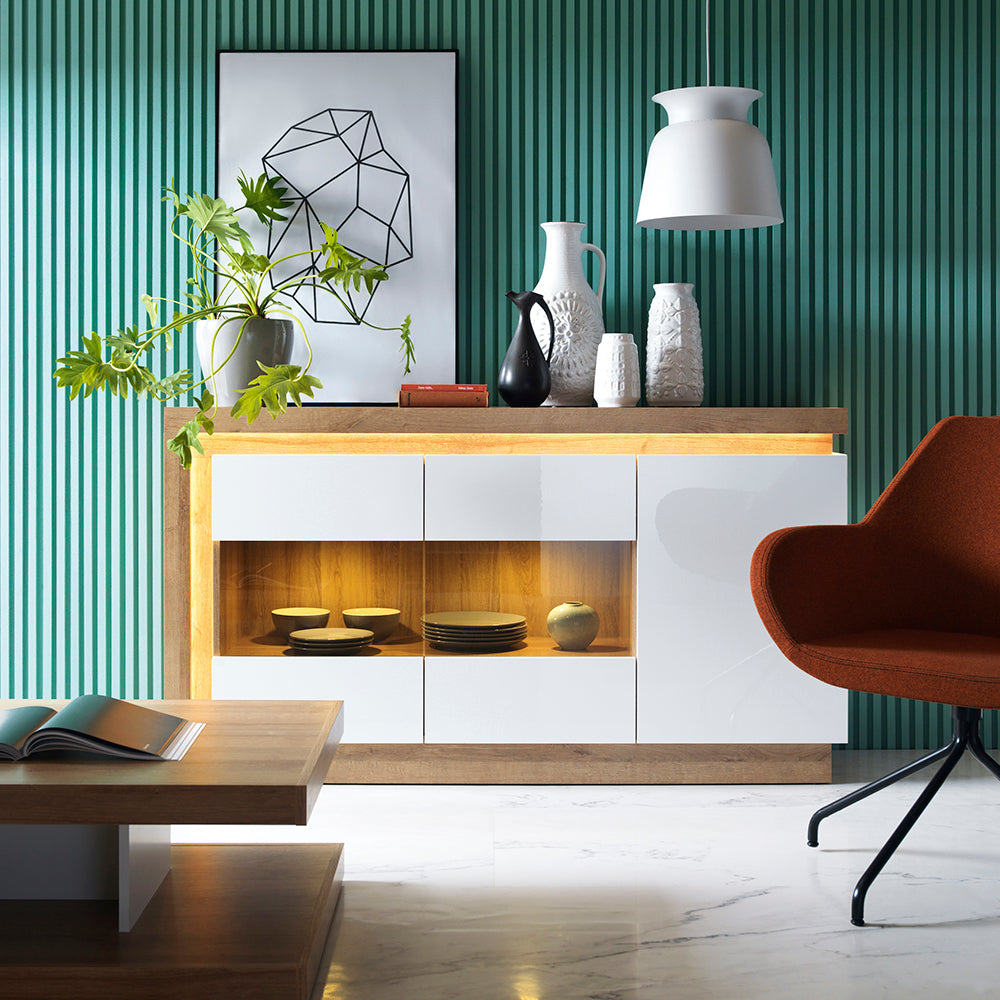 Lyon  3 door glazed sideboard in Riviera Oak/White High Gloss