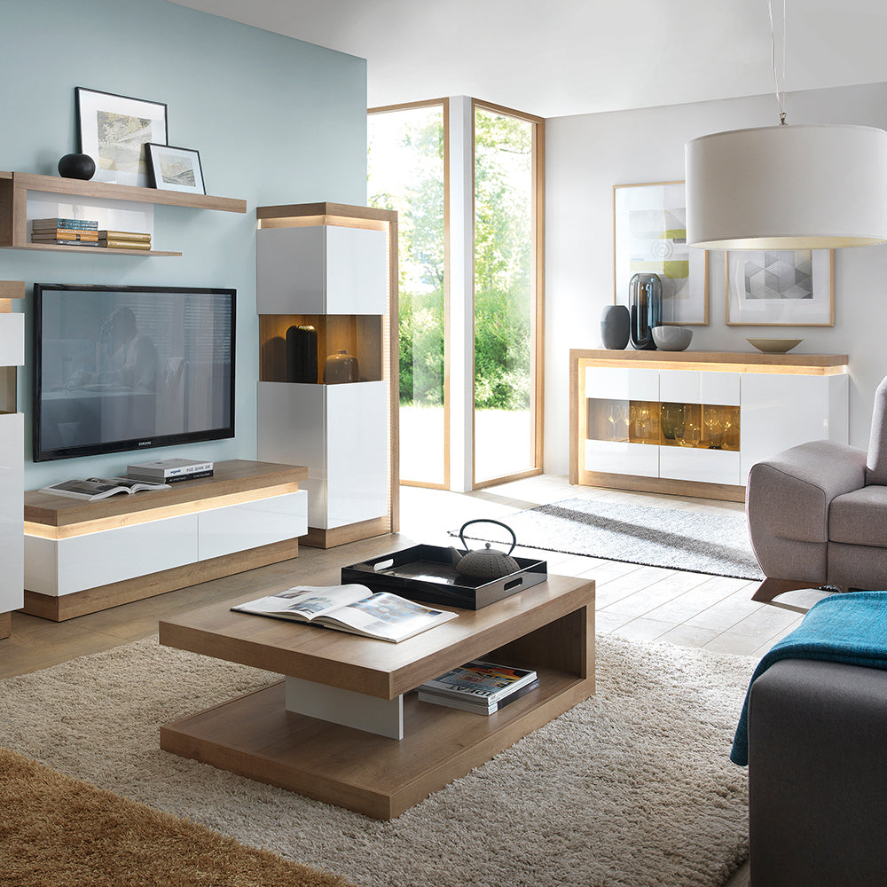 Lyon  3 door glazed sideboard in Riviera Oak/White High Gloss