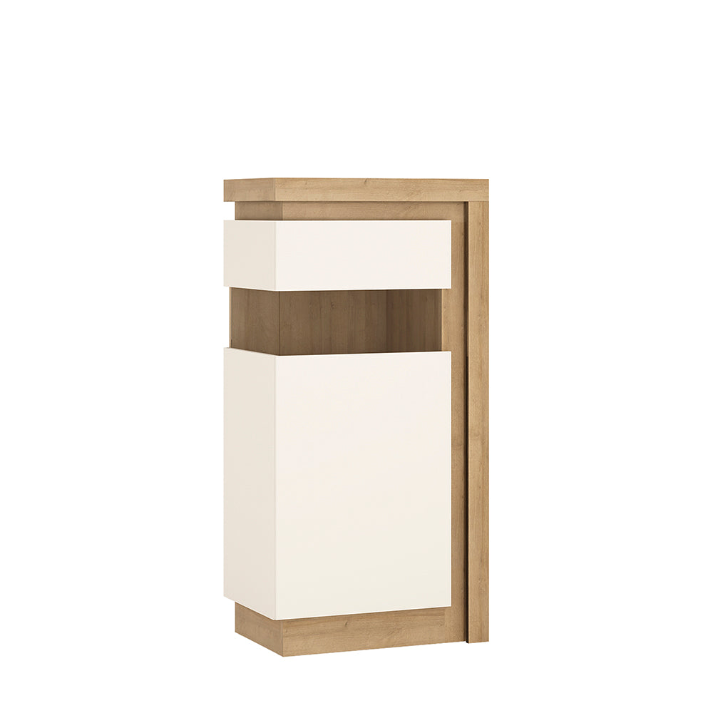 Lyon  Narrow display cabinet (LHD) 123.6cm high in Riviera Oak/White High Gloss.