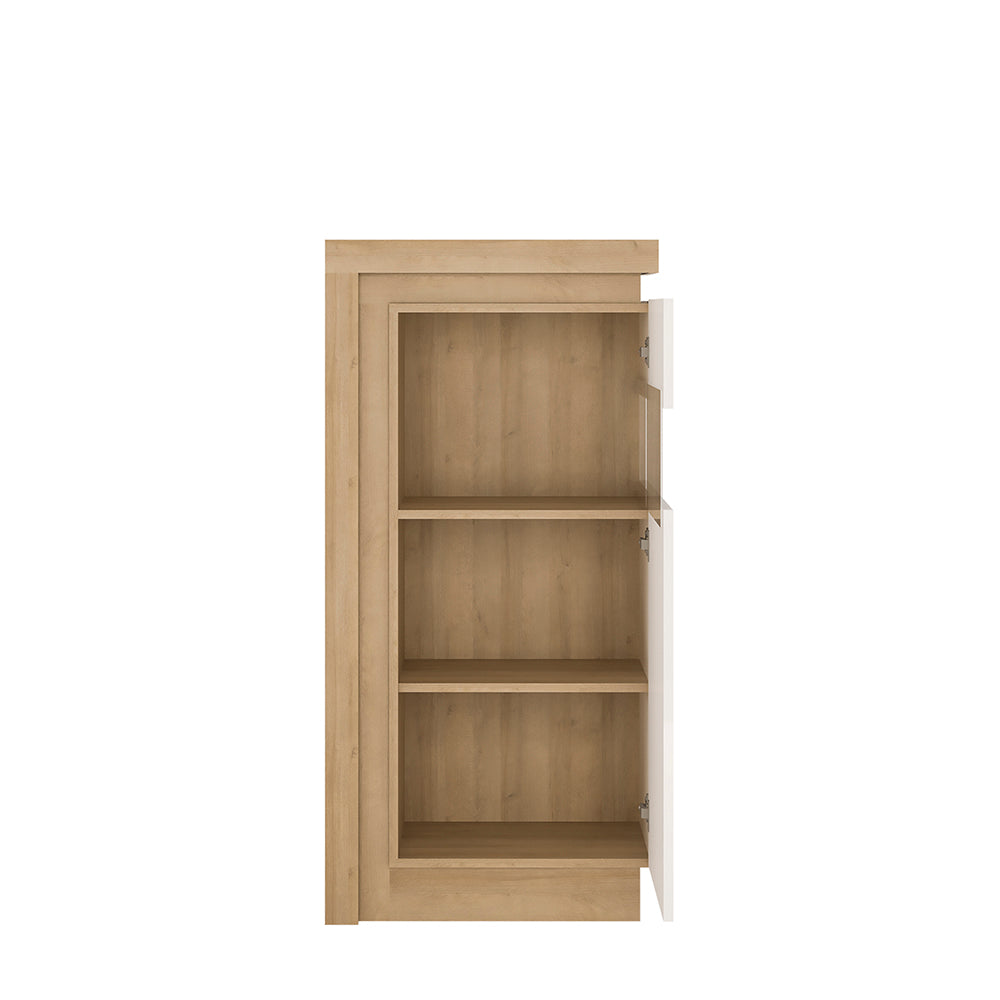 Lyon  Narrow display cabinet (RHD) 123.6cm high in Riviera Oak/White High Gloss