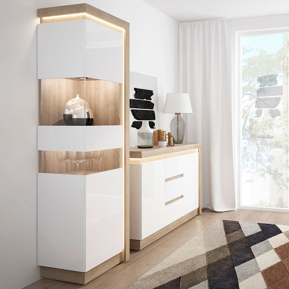 Lyon  Tall narrow display cabinet (LHD) in Riviera Oak/White High Gloss