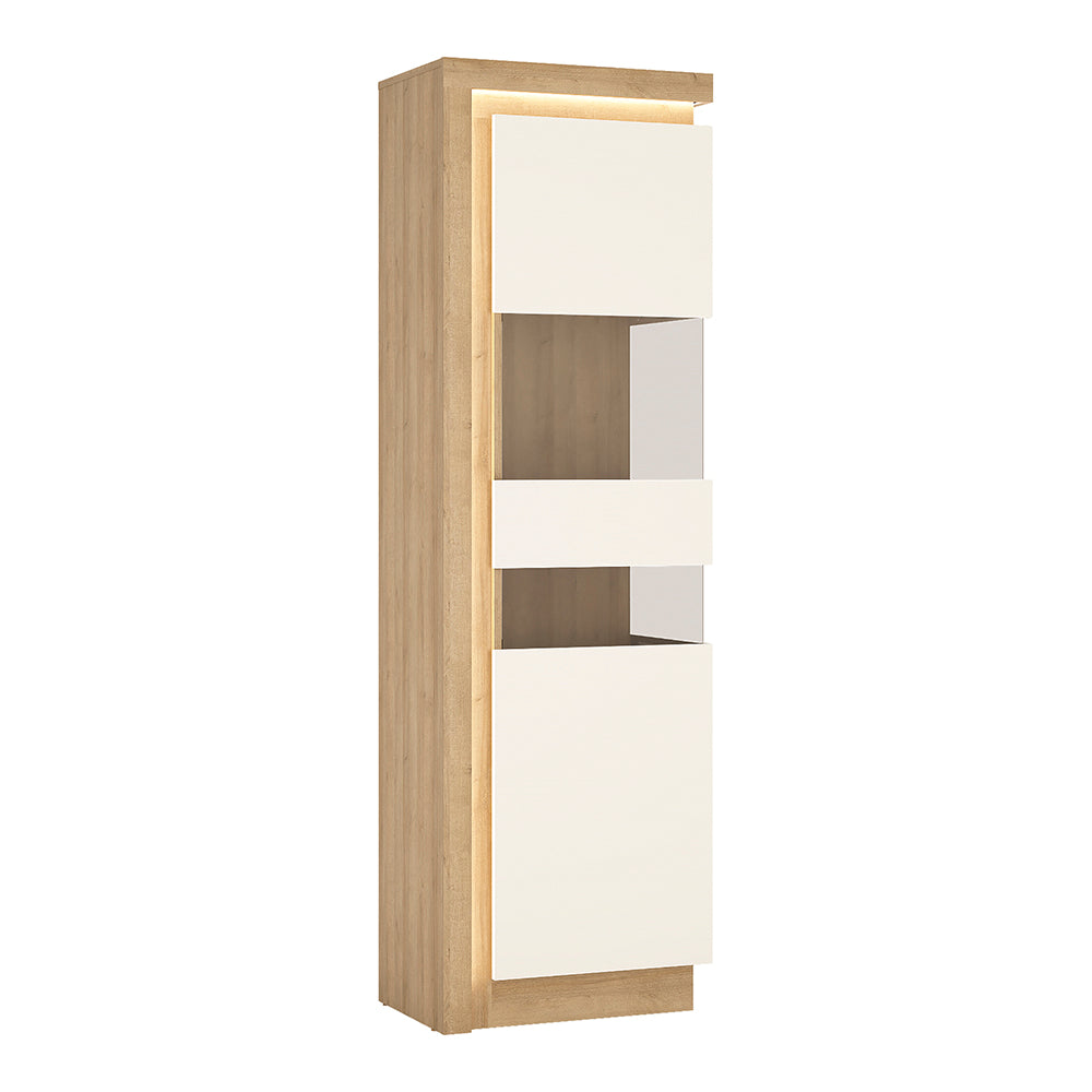 Lyon  Tall narrow display cabinet (RHD) in Riviera Oak/White High Gloss