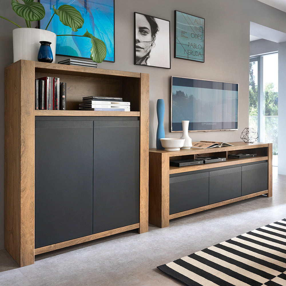 Havana  2 door cupboard with open shelf in Lefkas Oak with matte black fronts