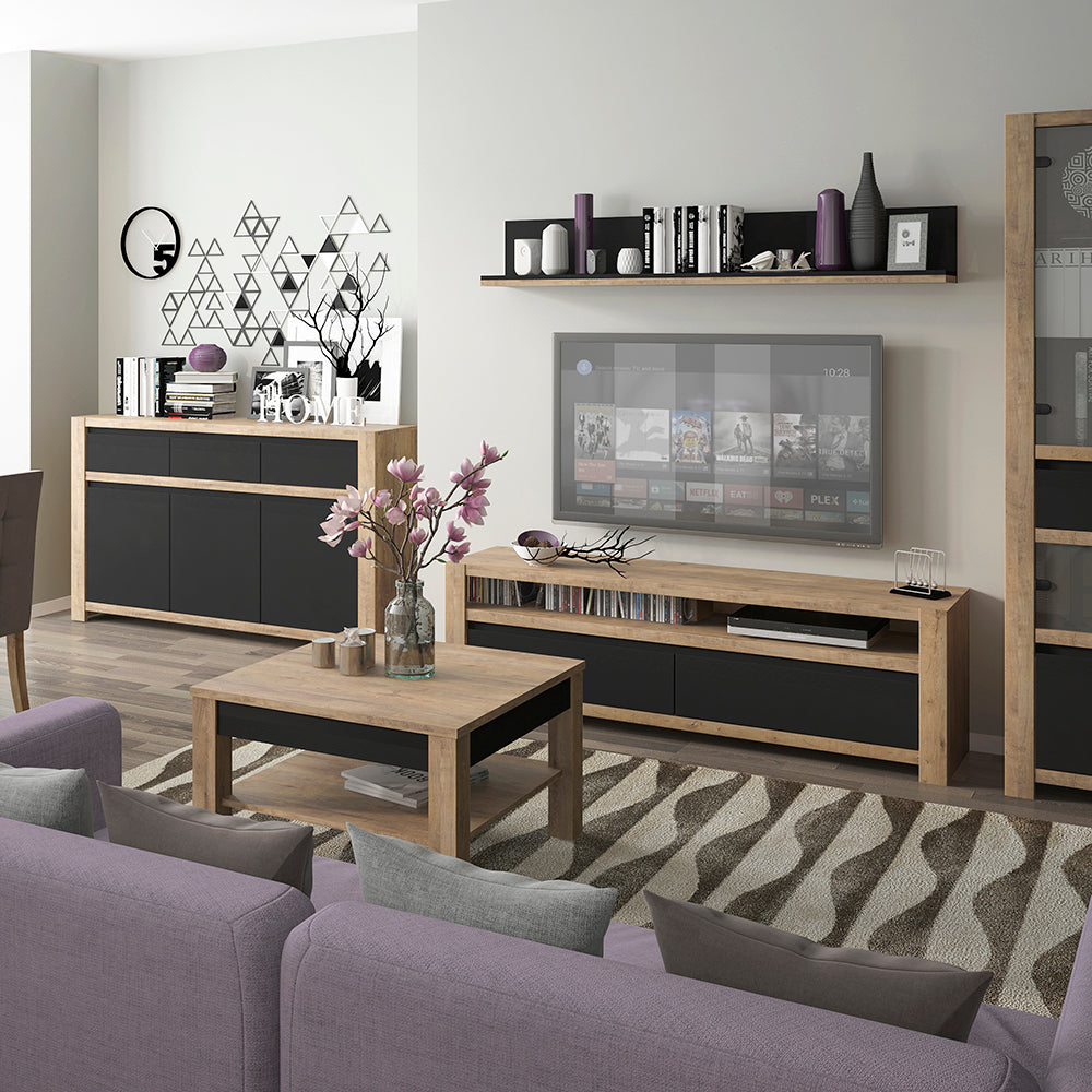 Havana  2 drawer TV unit in Lefkas Oak with matte black fronts