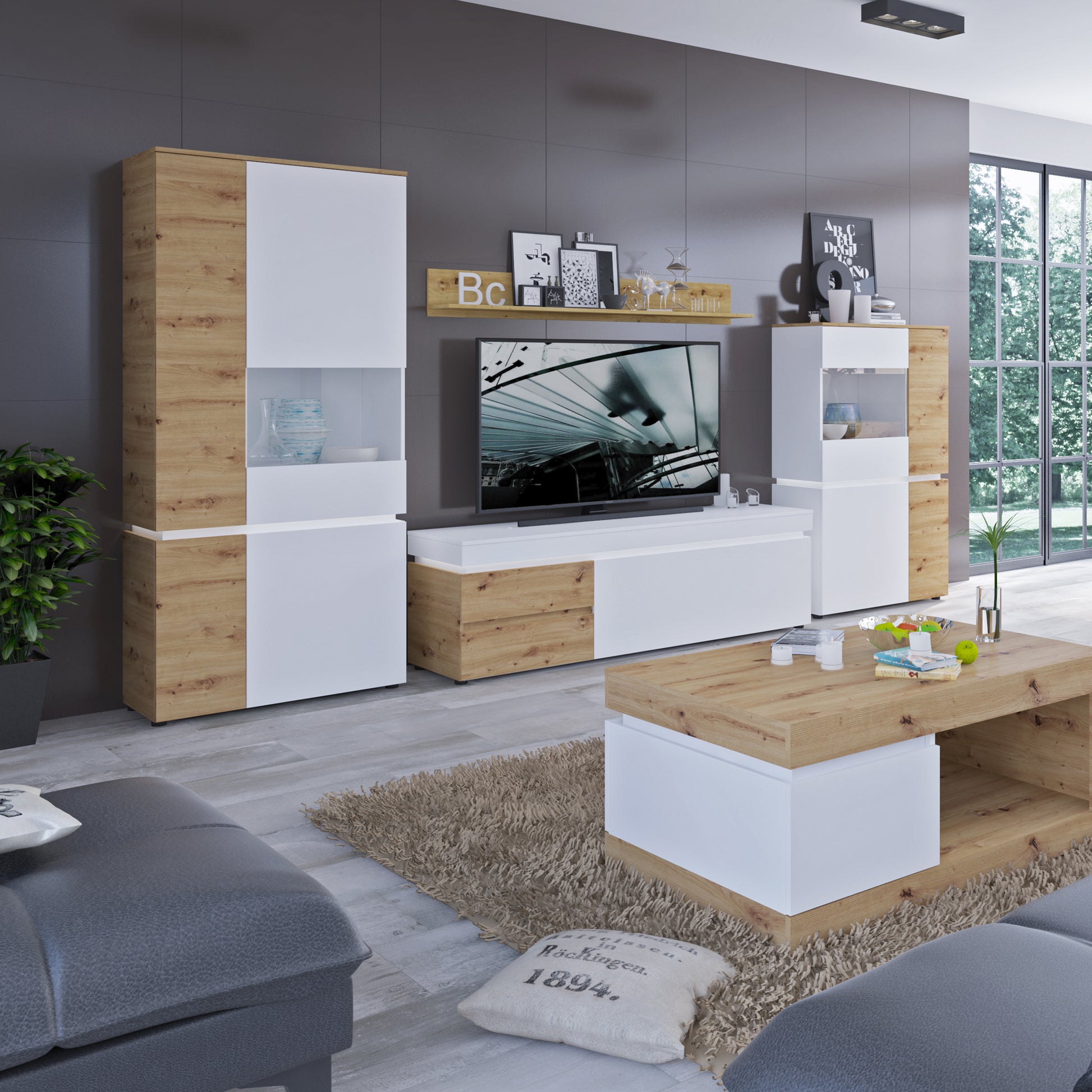 Luci Bright Luci 1 door 2 drawer 150 cm TV unit (including LED lighting) in White and Oak