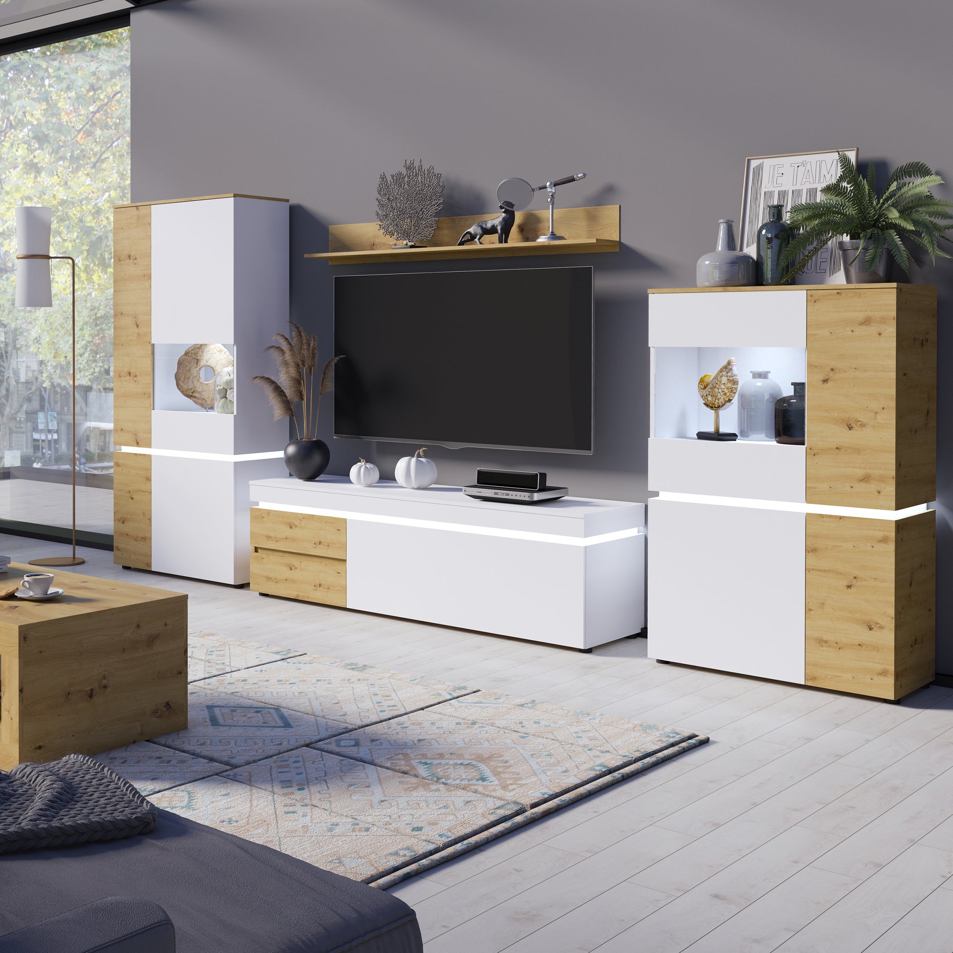 Luci Bright Luci 1 door 2 drawer 150 cm TV unit (including LED lighting) in White and Oak