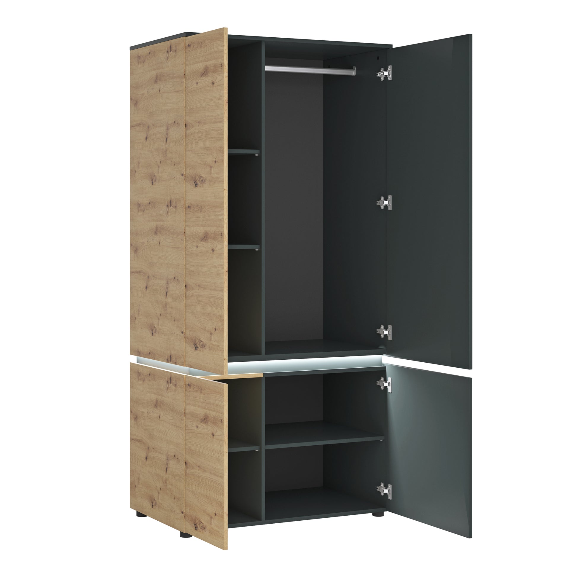 Luci Dark Luci 4 door wardrobe (including LED lighting) in Platinum and Oak