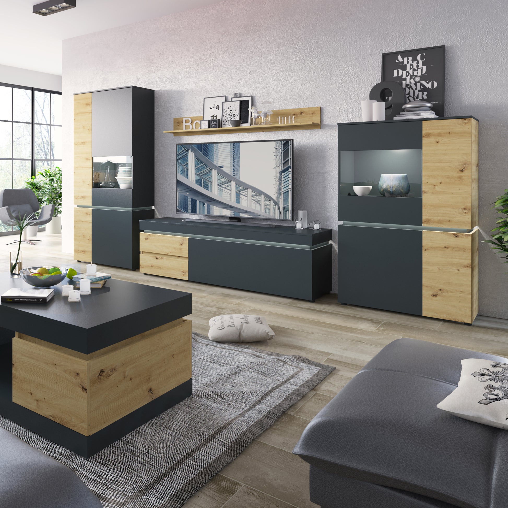 Luci Dark Luci 4 door wardrobe (including LED lighting) in Platinum and Oak