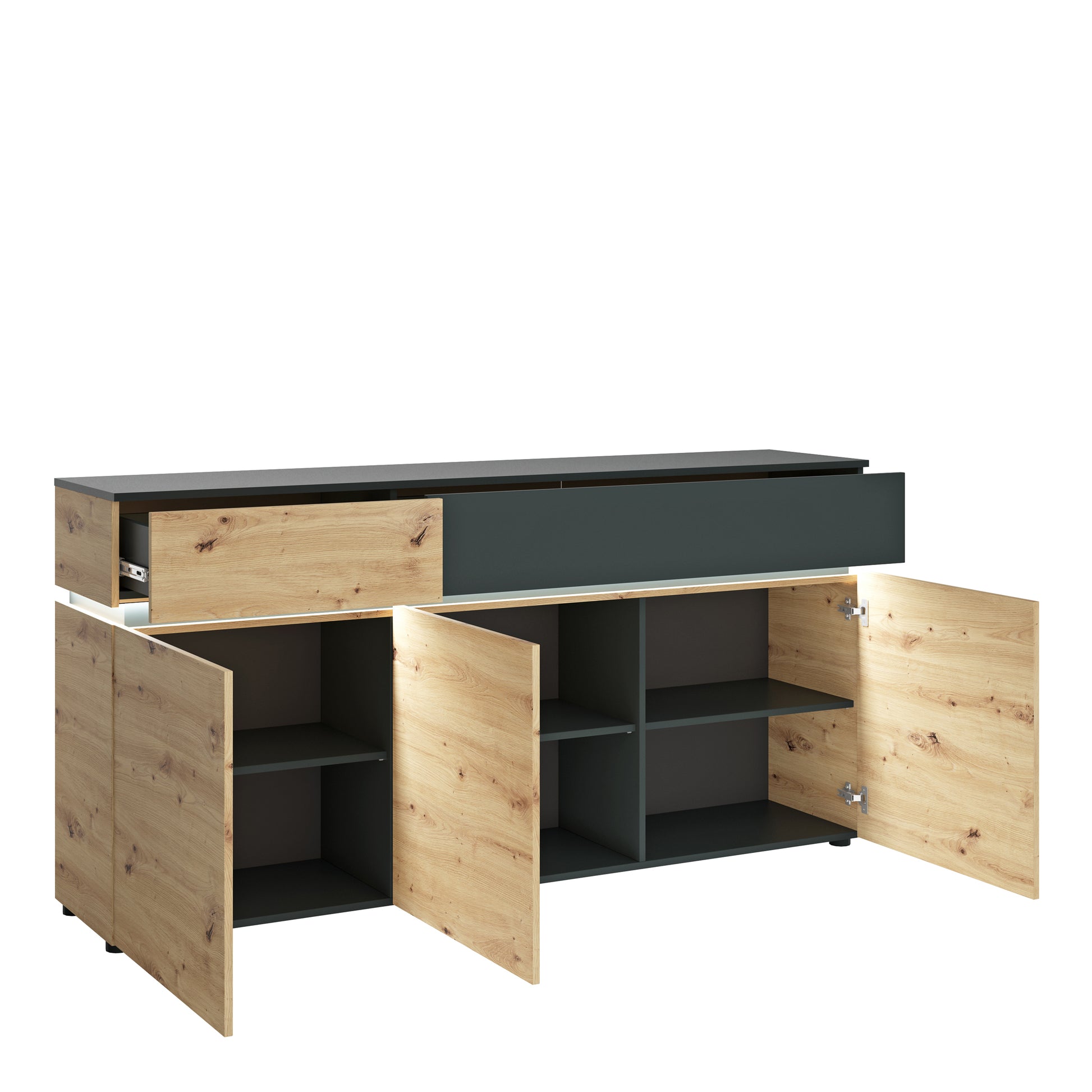 Luci Dark Luci 3 door 2 drawer sideboard (including LED lighting) in Platinum and Oak