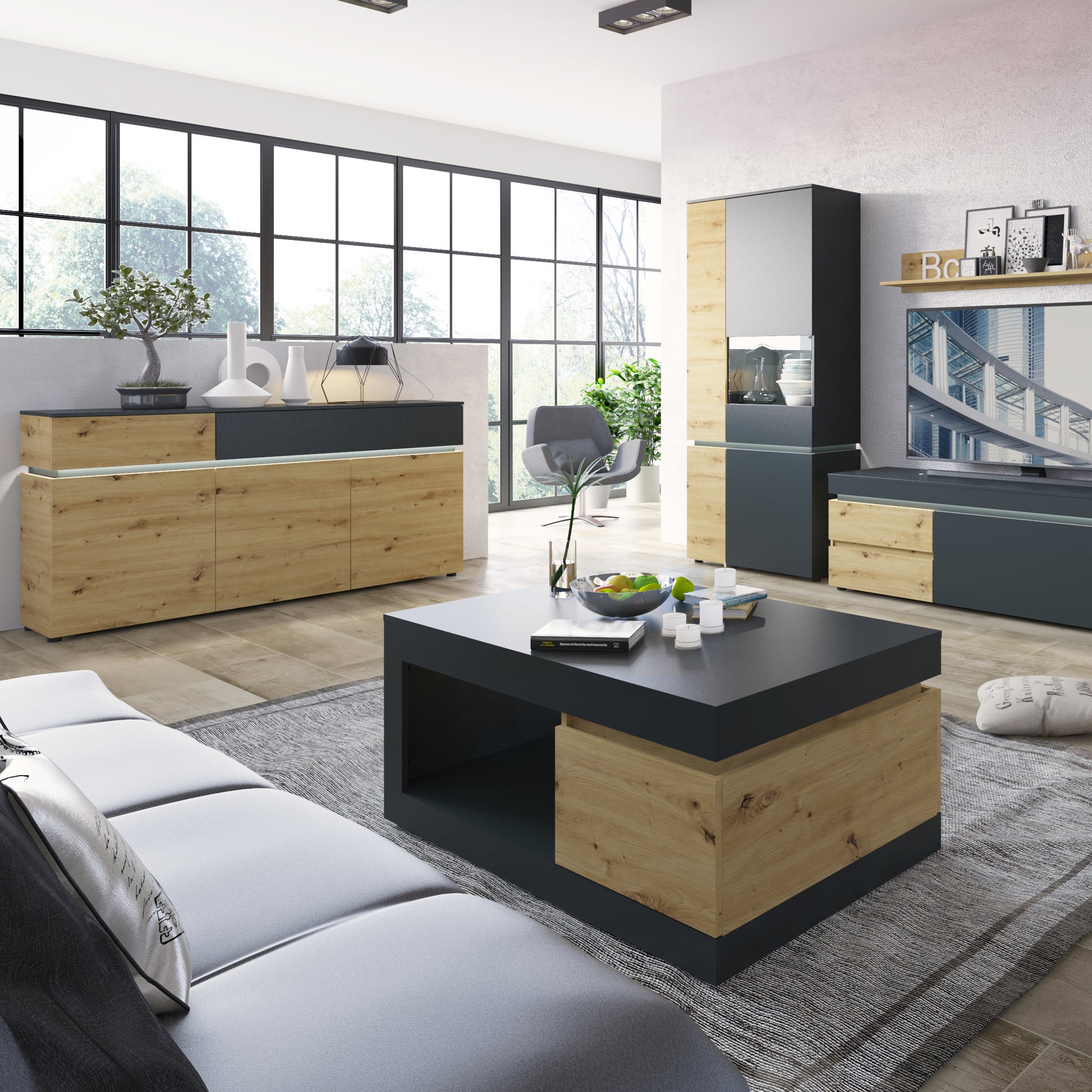 Luci Dark Luci 3 door 2 drawer sideboard (including LED lighting) in Platinum and Oak