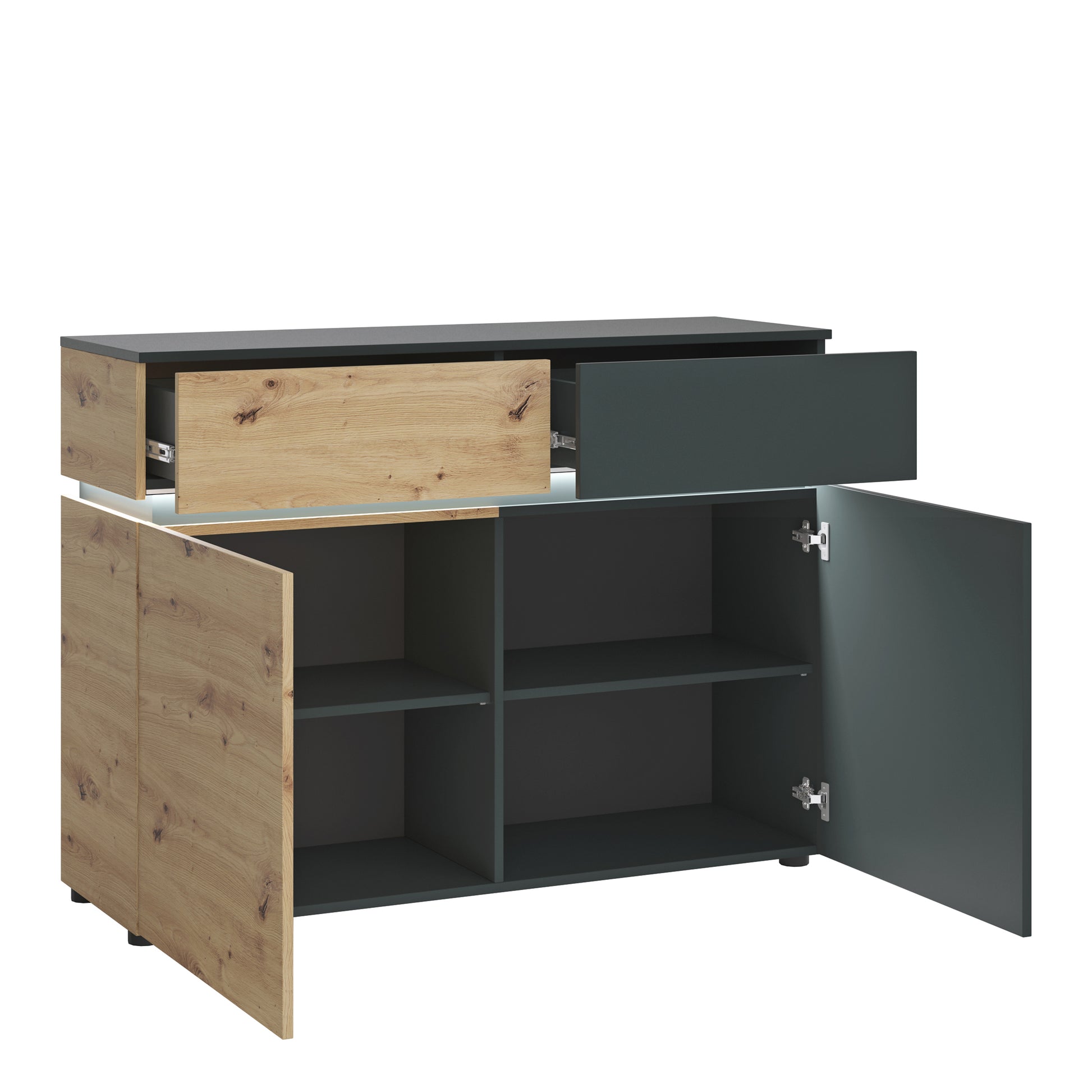 Luci Dark Luci 2 door 2 drawer cabinet (including LED lighting) in Platinum and Oak