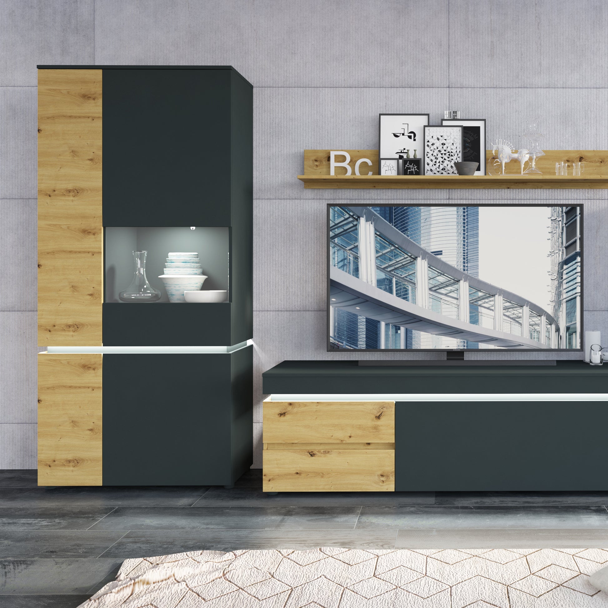 Luci Dark Luci 1 door 2 drawer 180 cm wide TV unit (including LED lighting) in Platinum and Oak