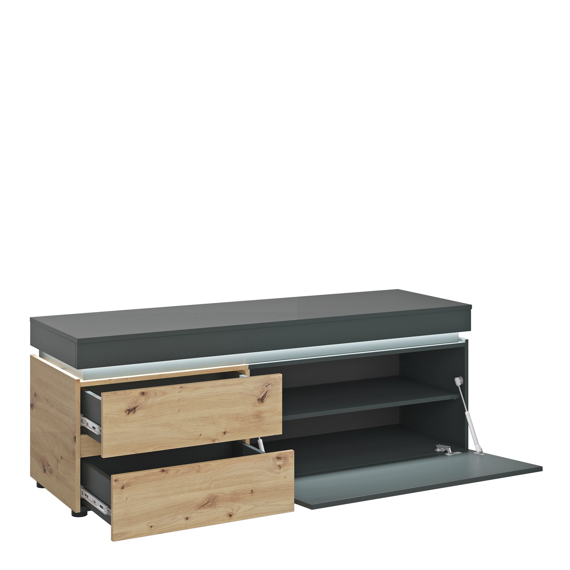 Luci Dark Luci 1 door 2 drawer 150 cm TV unit (including LED lighting) in Platinum and Oak