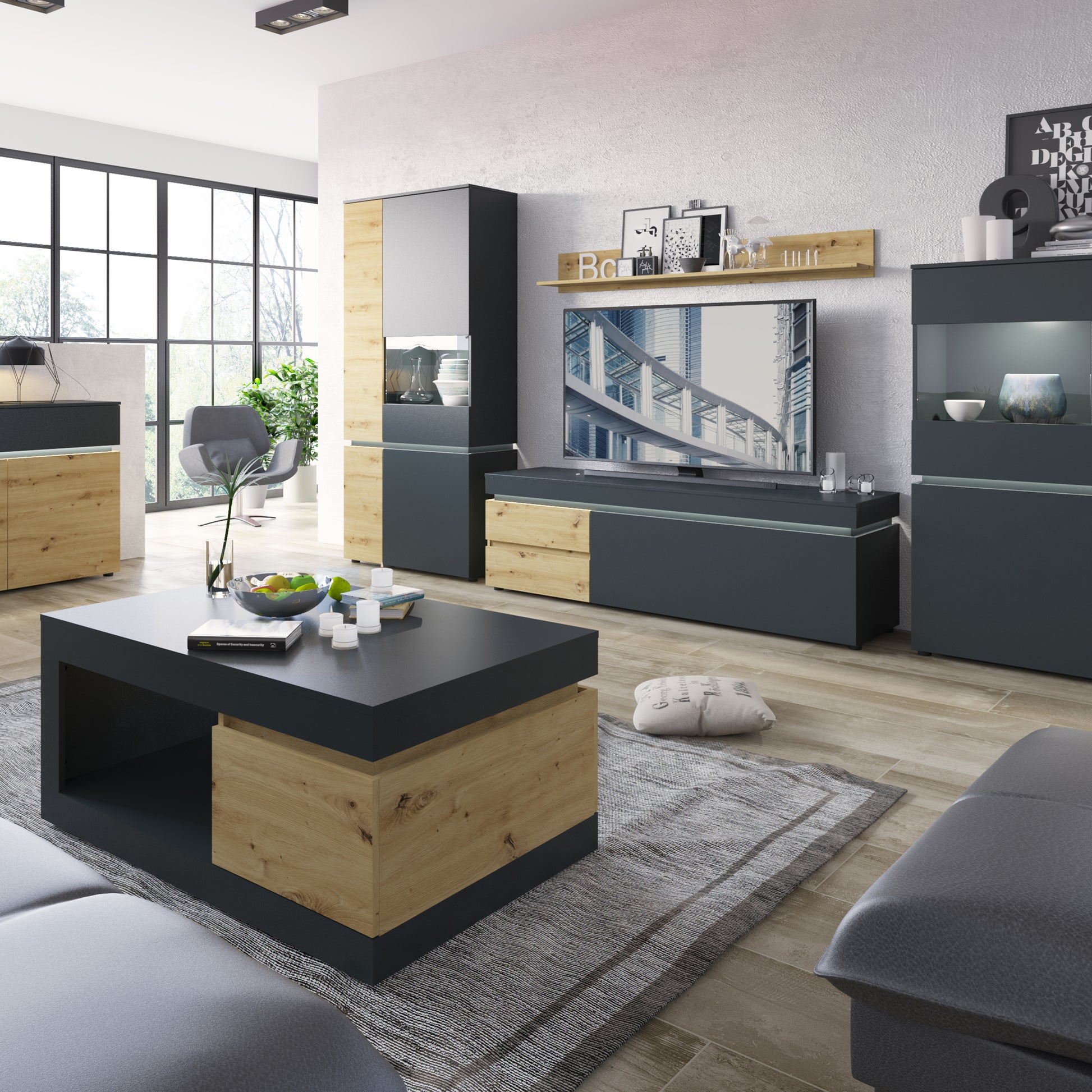 Luci Dark Luci 1 drawer coffee table in Platinum and Oak