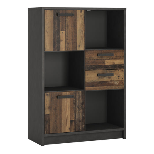 Brooklyn  Low Bookcase with 2 Doors and 2 Drawers in Walnut and Dark Matera Grey