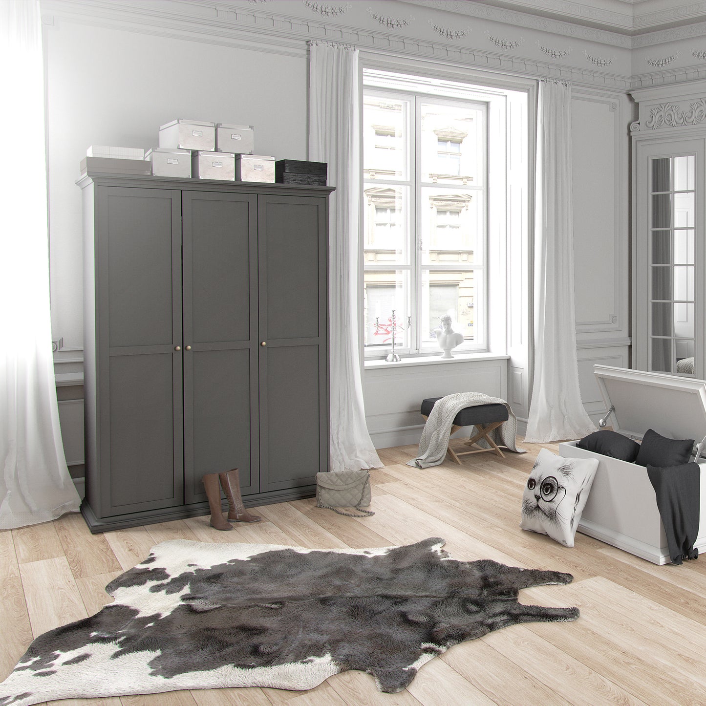 Paris  Wardrobe with 3 Doors in Matt Grey