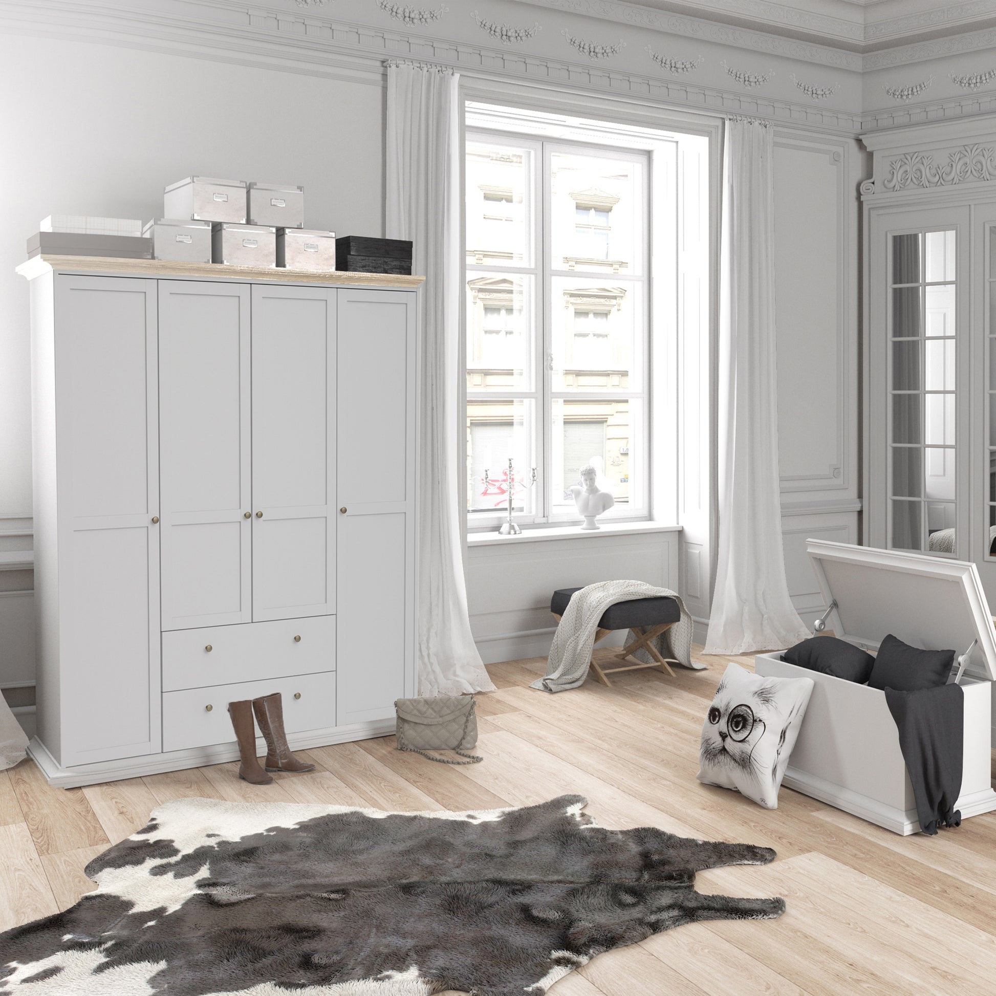 Paris  Wardrobe with 4 Doors & 2 Drawers in White and Oak