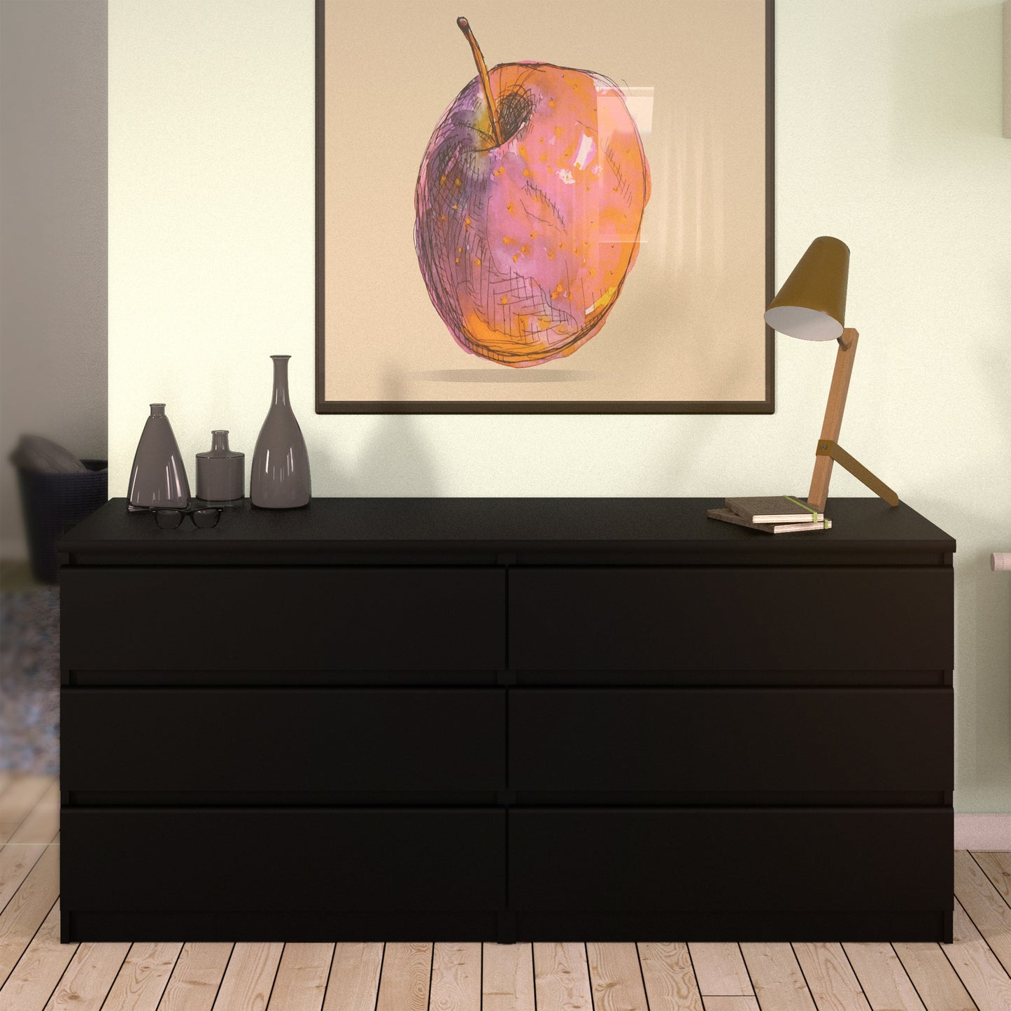 Naia  Wide Chest of 6 Drawers (3+3) in Black Matt