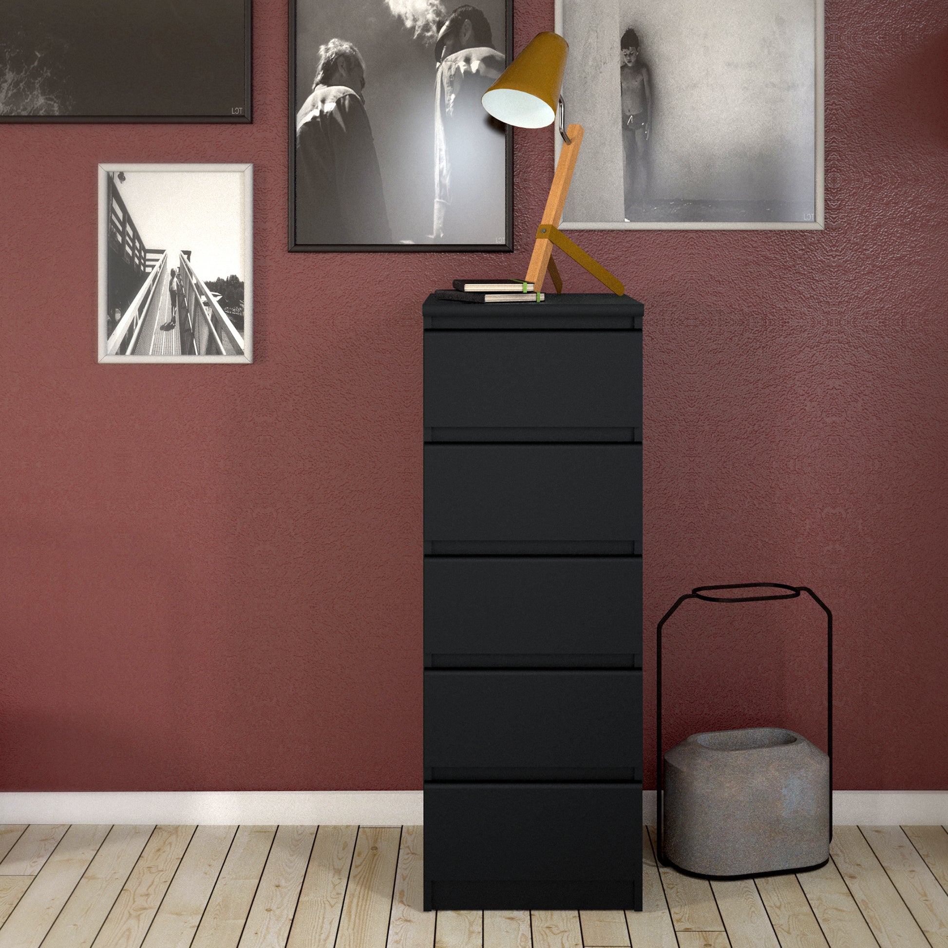 Naia  Narrow Chest of 5 Drawers in Black Matt