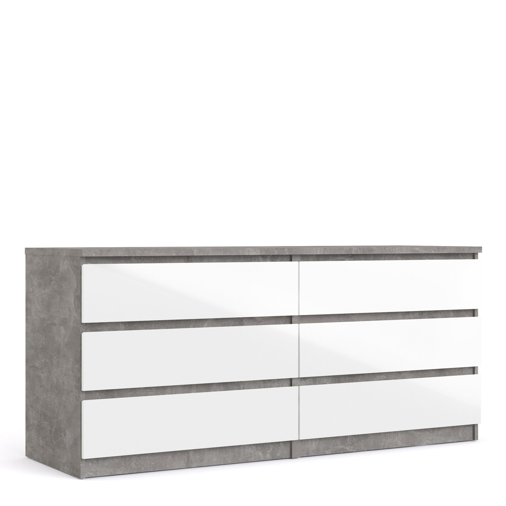 Naia  Wide Chest of 6 Drawers (3+3) in Concrete and White High Gloss