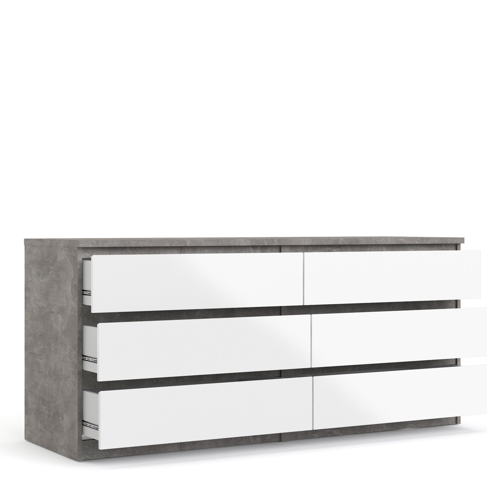 Naia  Wide Chest of 6 Drawers (3+3) in Concrete and White High Gloss