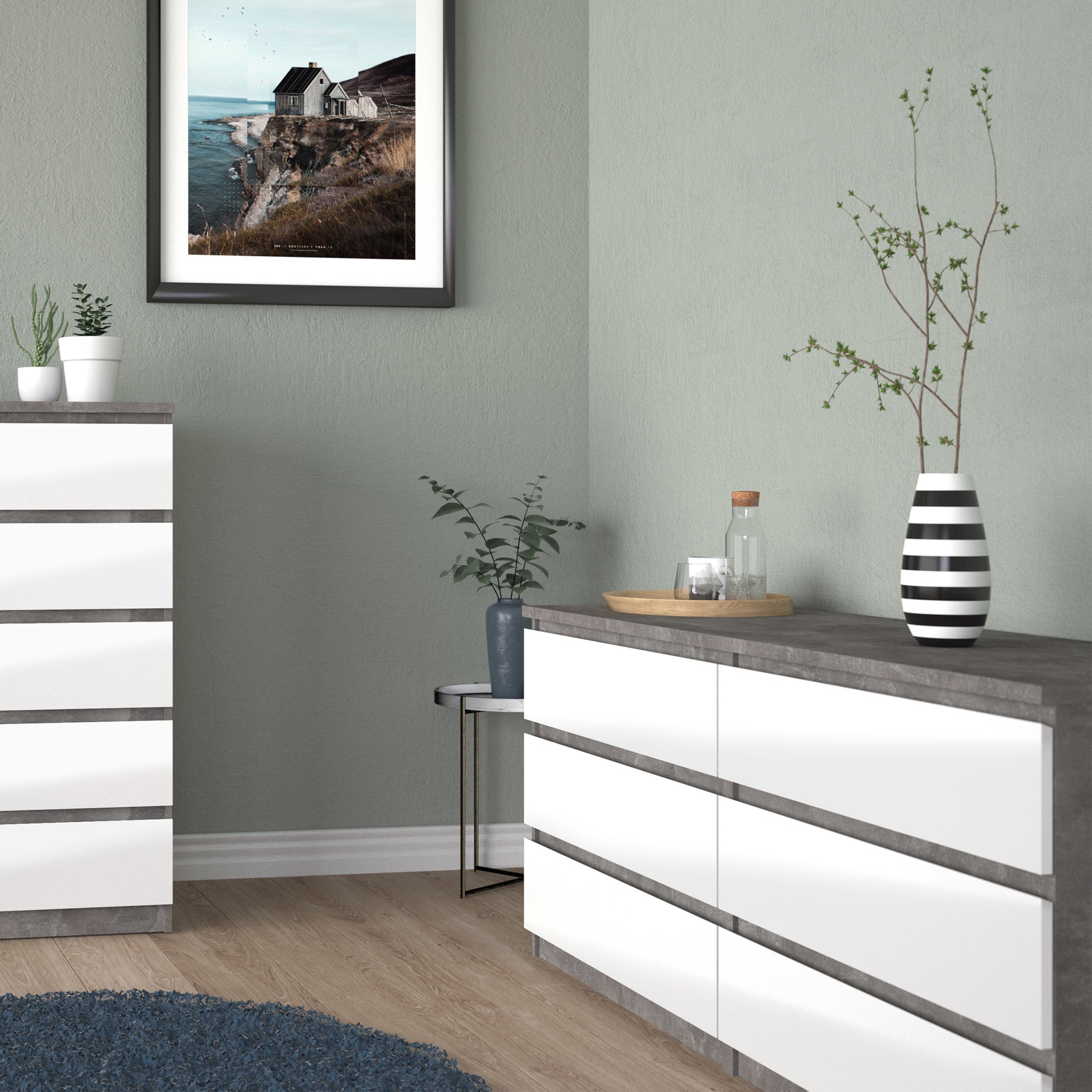 Naia  Wide Chest of 6 Drawers (3+3) in Concrete and White High Gloss