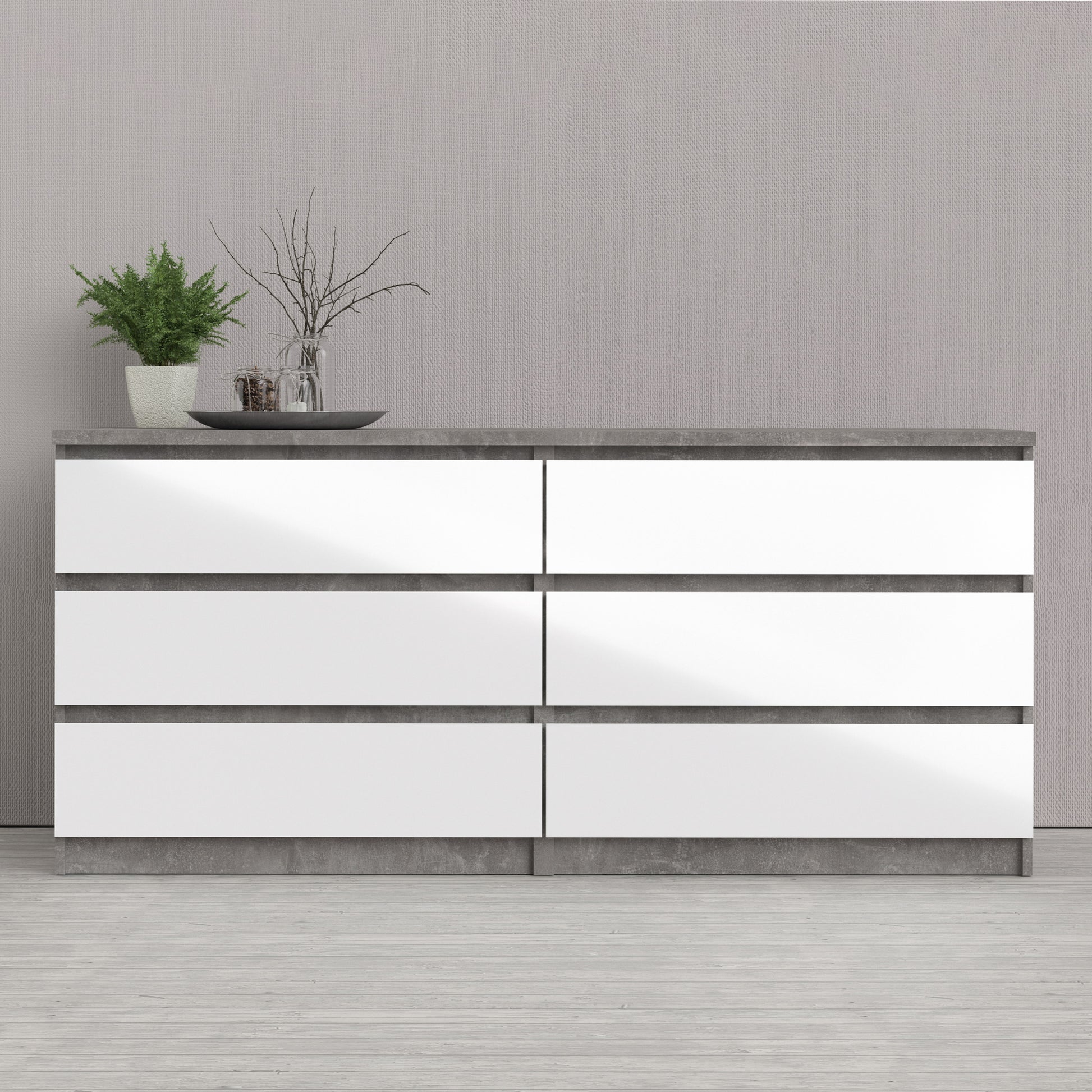 Naia  Wide Chest of 6 Drawers (3+3) in Concrete and White High Gloss