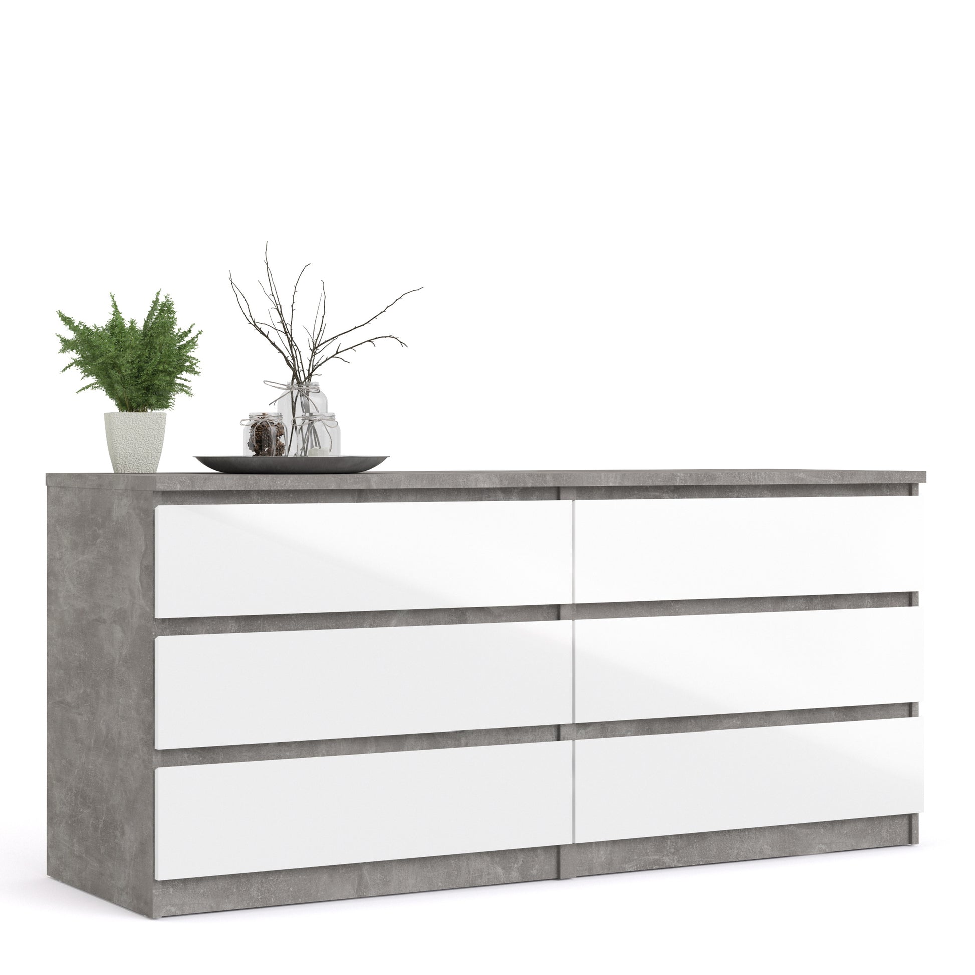 Naia  Wide Chest of 6 Drawers (3+3) in Concrete and White High Gloss