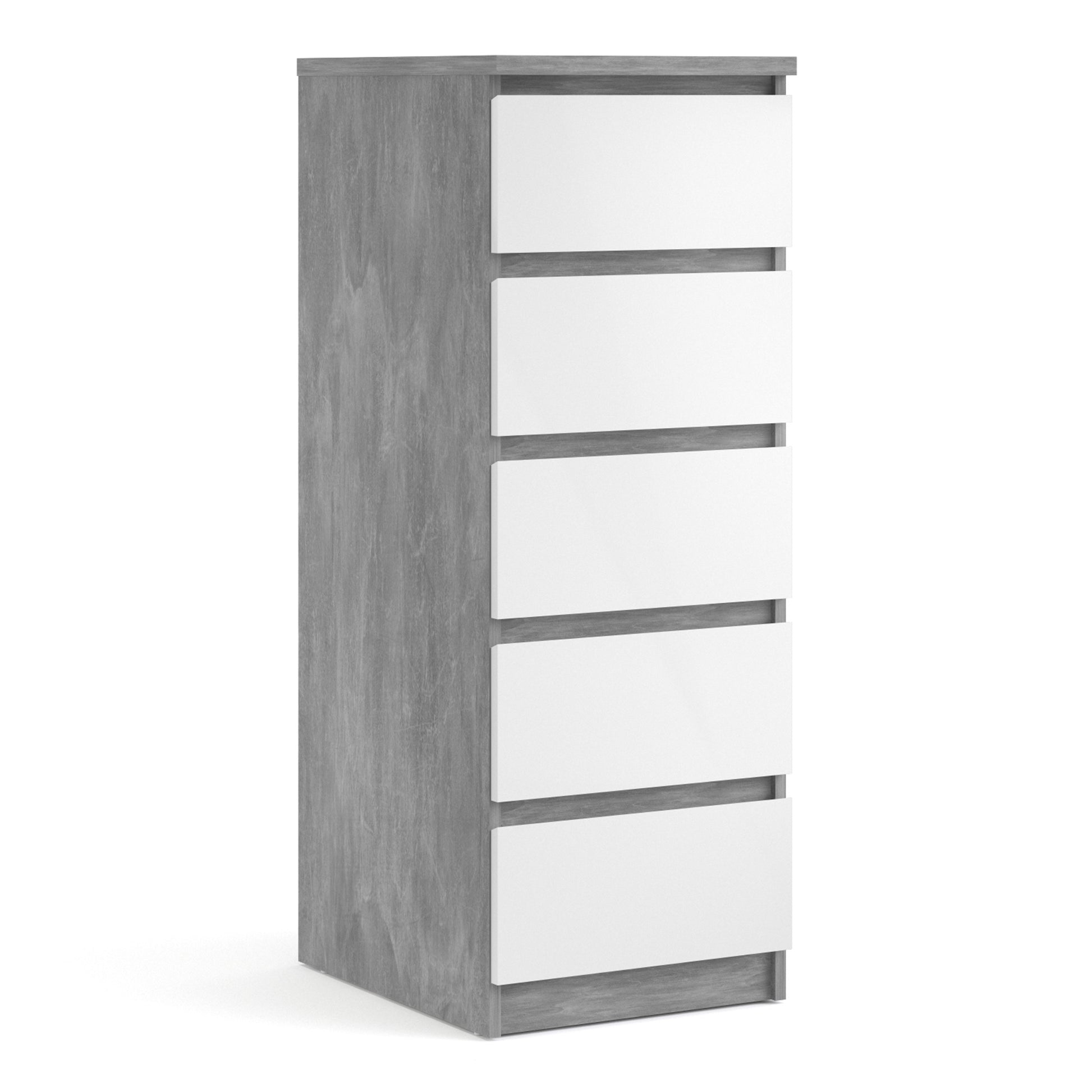 Naia  Narrow Chest of 5 Drawers in Concrete and White High Gloss