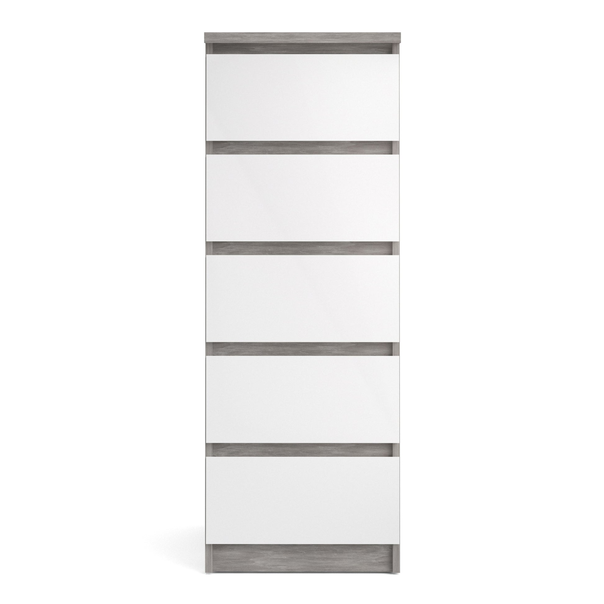 Naia  Narrow Chest of 5 Drawers in Concrete and White High Gloss