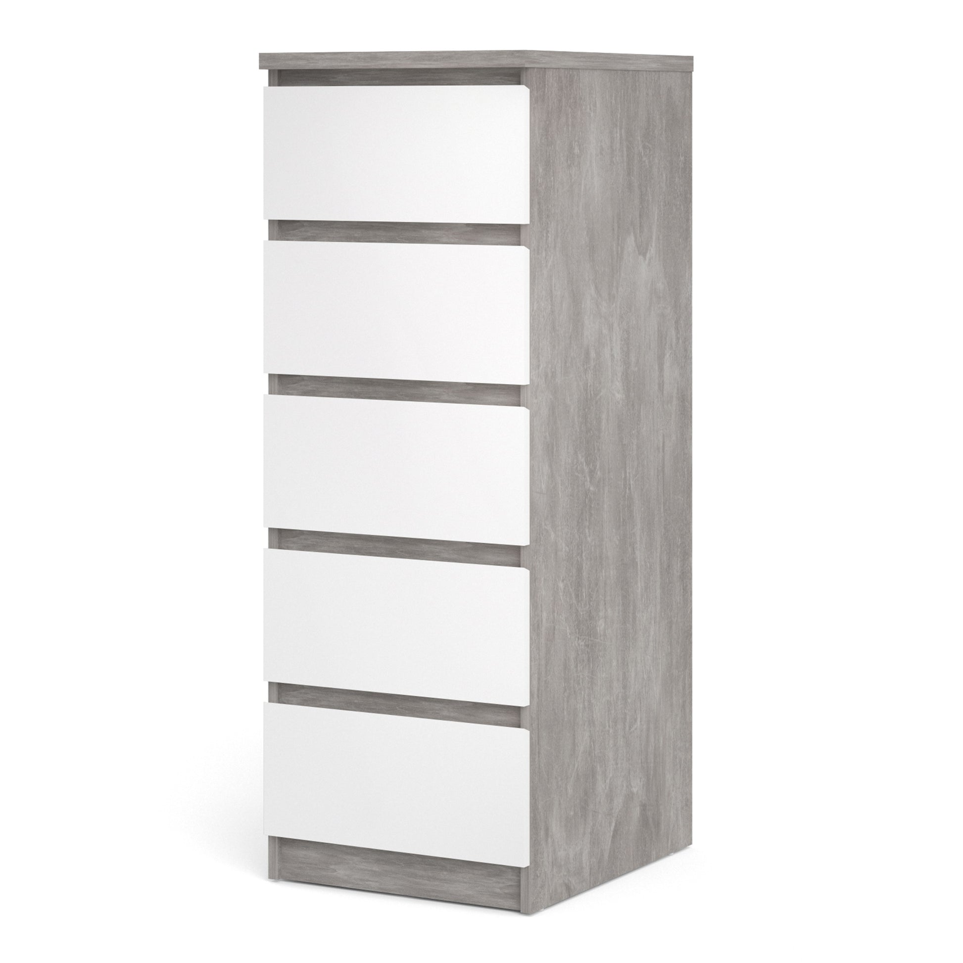 Naia  Narrow Chest of 5 Drawers in Concrete and White High Gloss