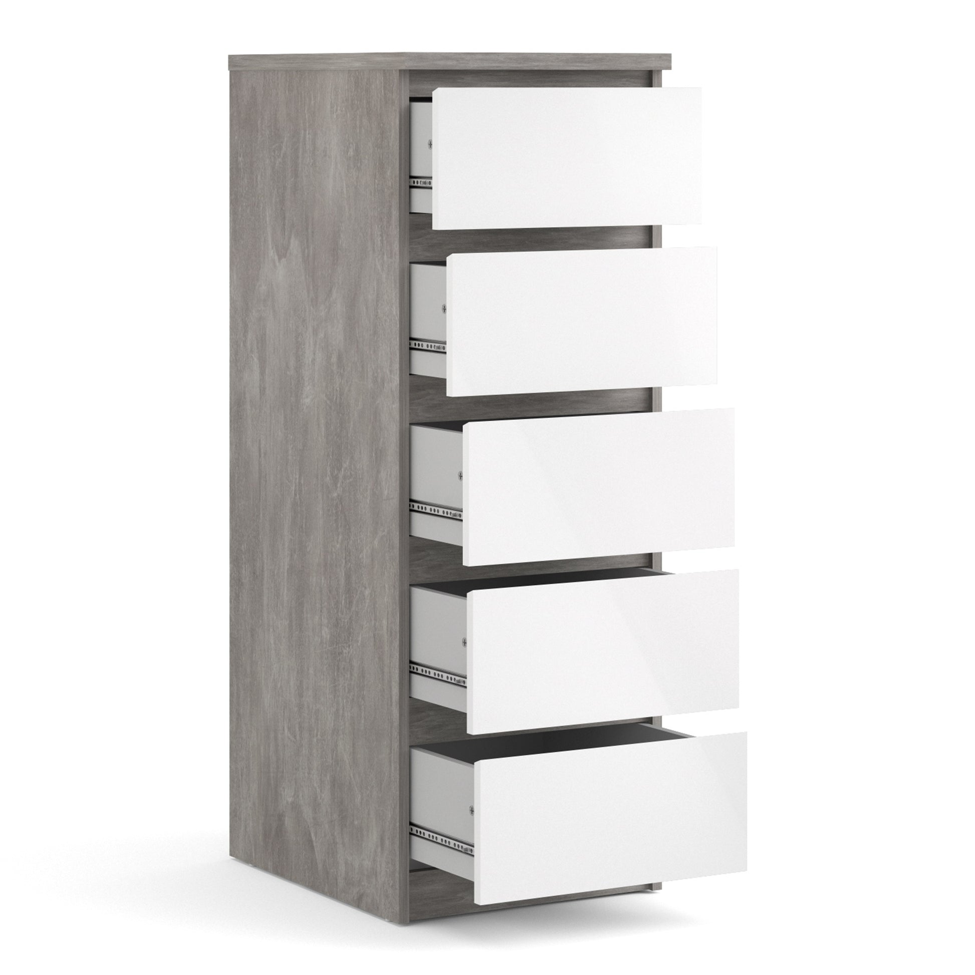 Naia  Narrow Chest of 5 Drawers in Concrete and White High Gloss