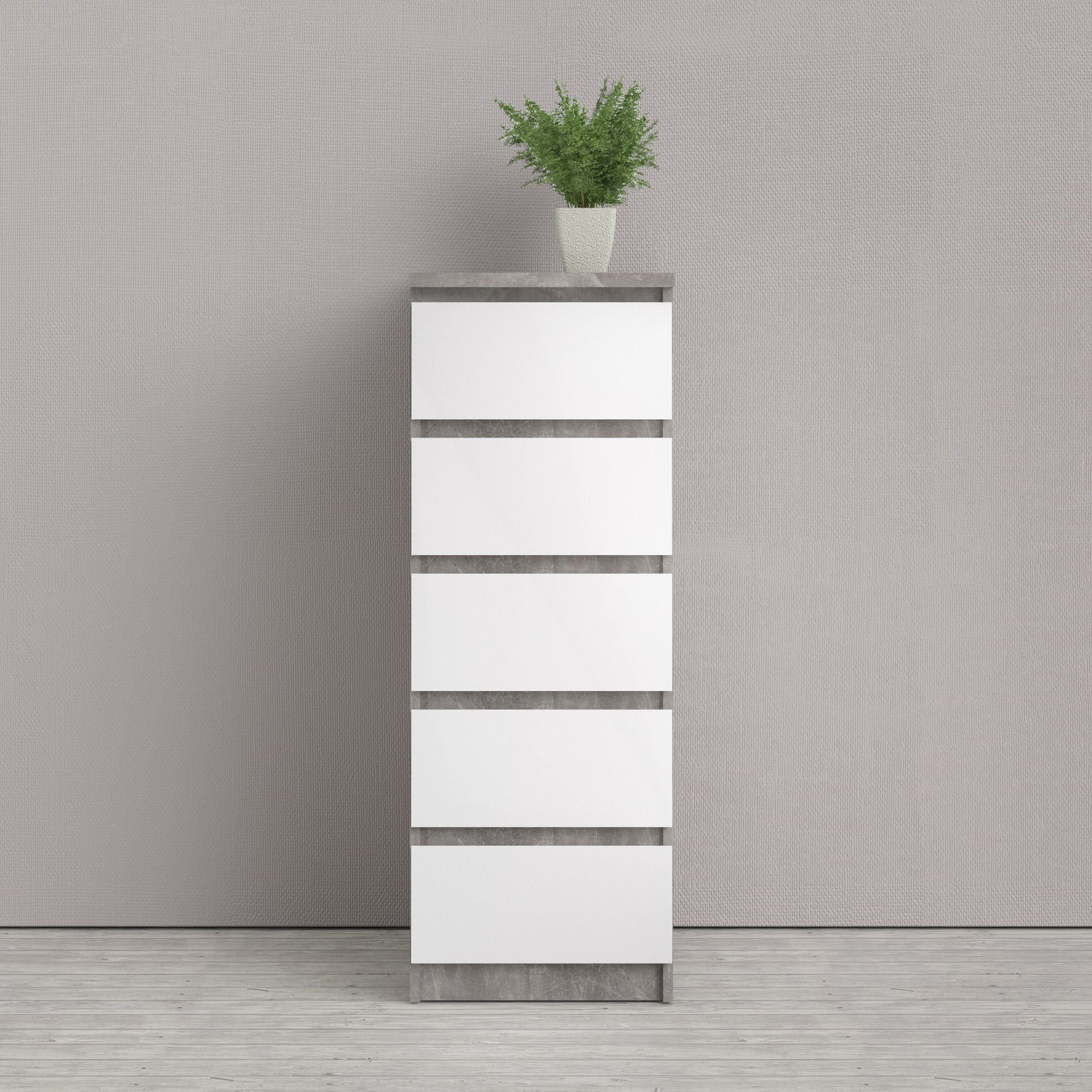 Naia  Narrow Chest of 5 Drawers in Concrete and White High Gloss