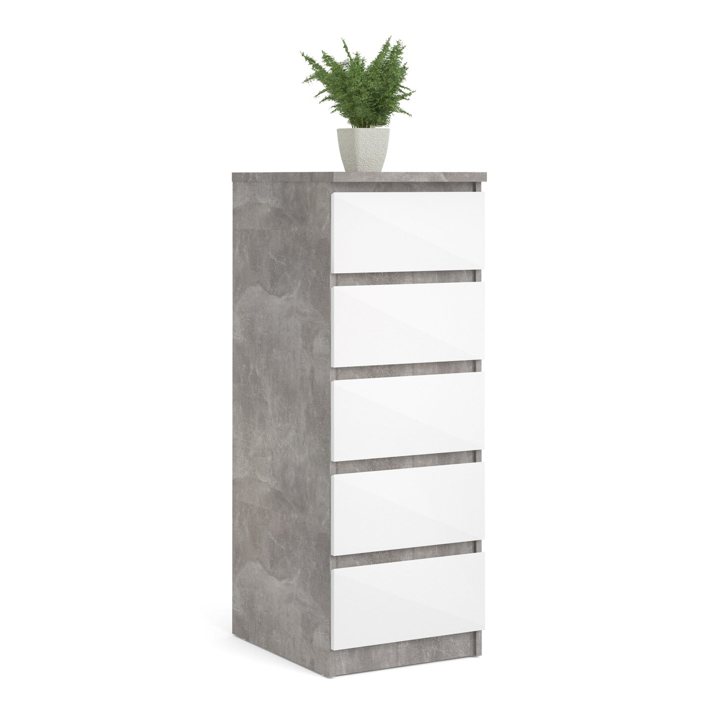 Naia  Narrow Chest of 5 Drawers in Concrete and White High Gloss