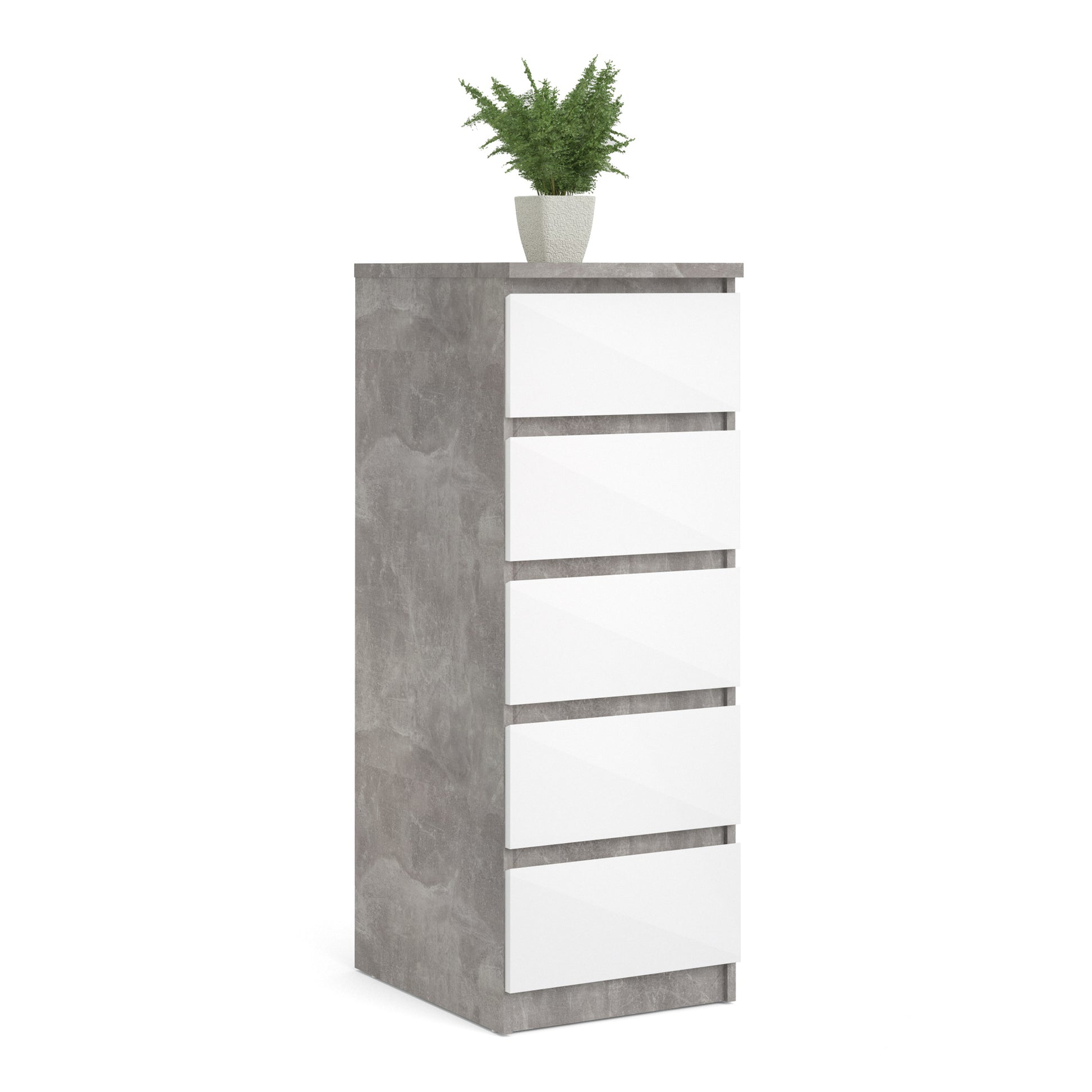 Naia  Narrow Chest of 5 Drawers in Concrete and White High Gloss