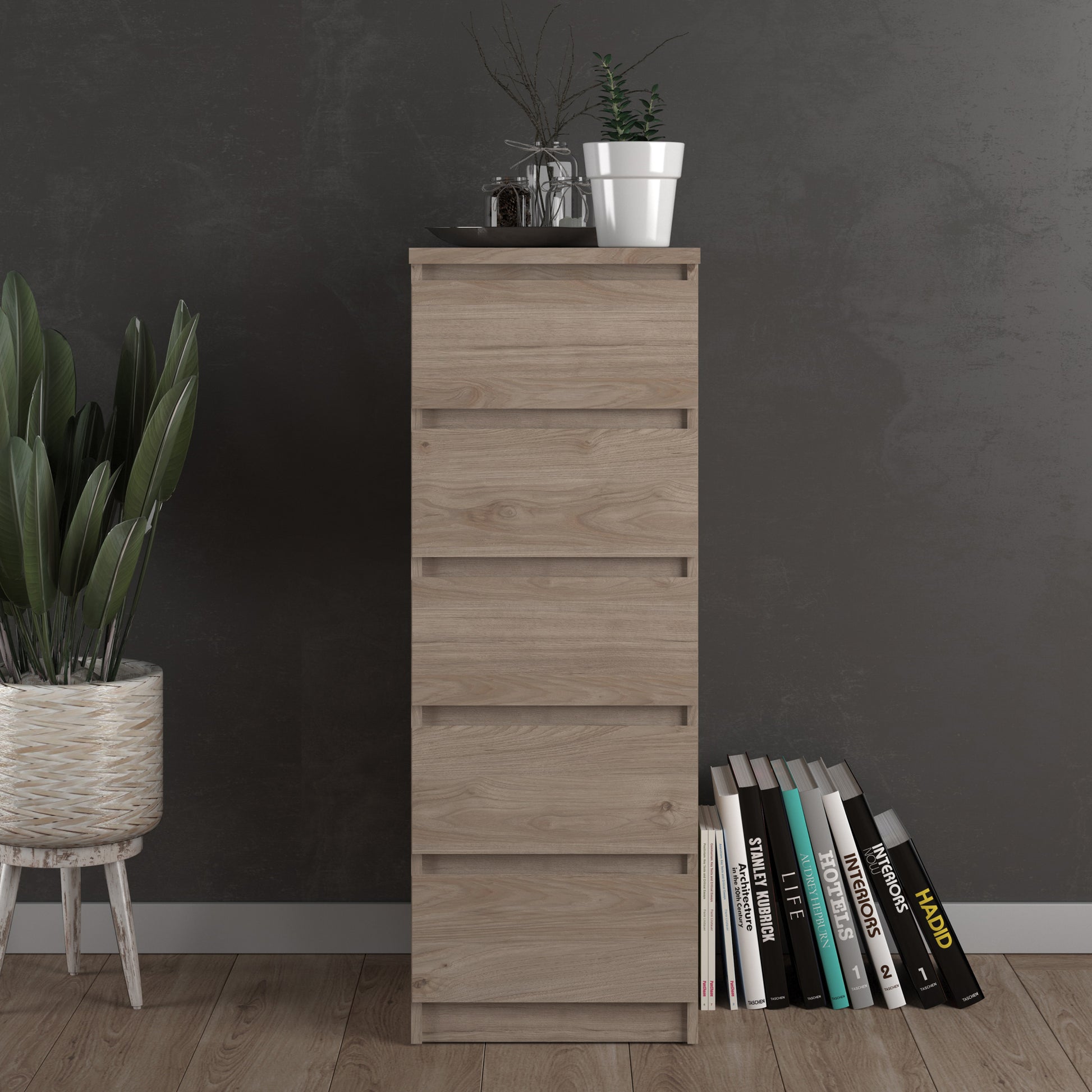 Naia  Narrow Chest of 5 Drawers in Jackson Hickory Oak