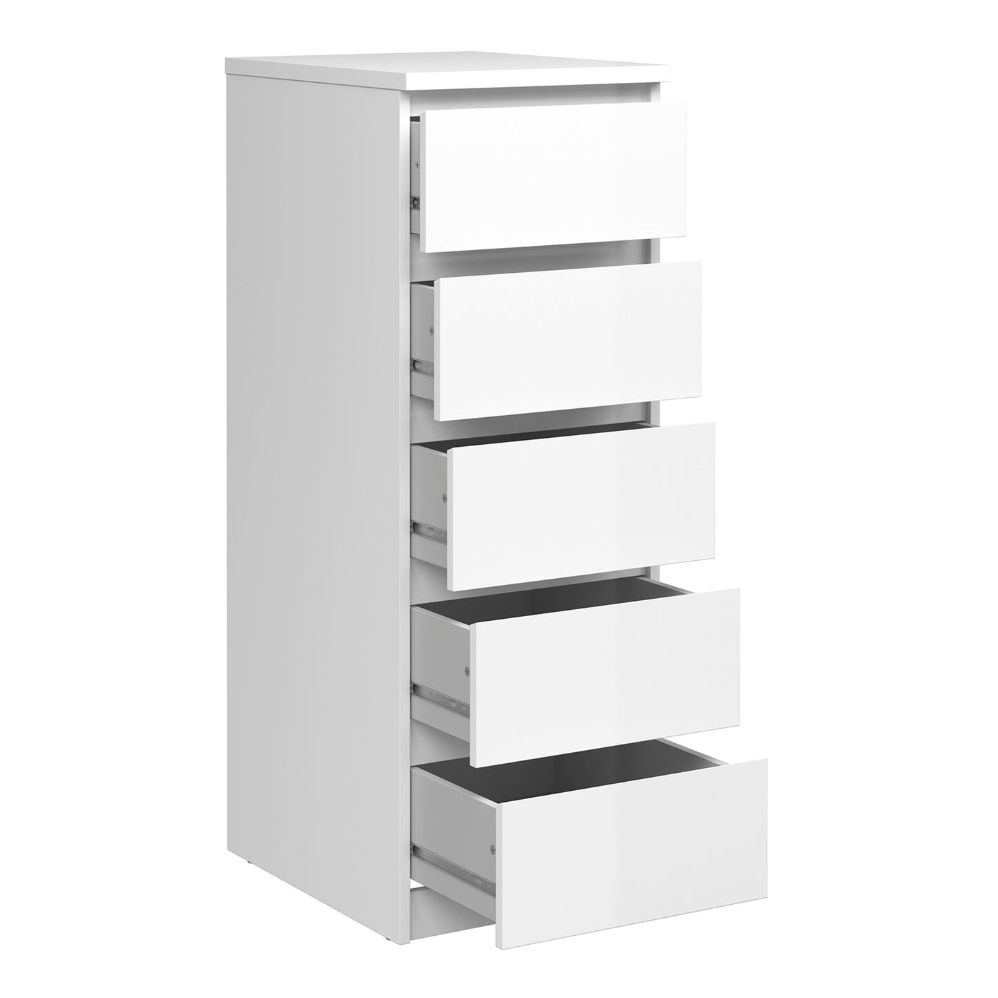 Naia  Narrow Chest of 5 Drawers in White High Gloss