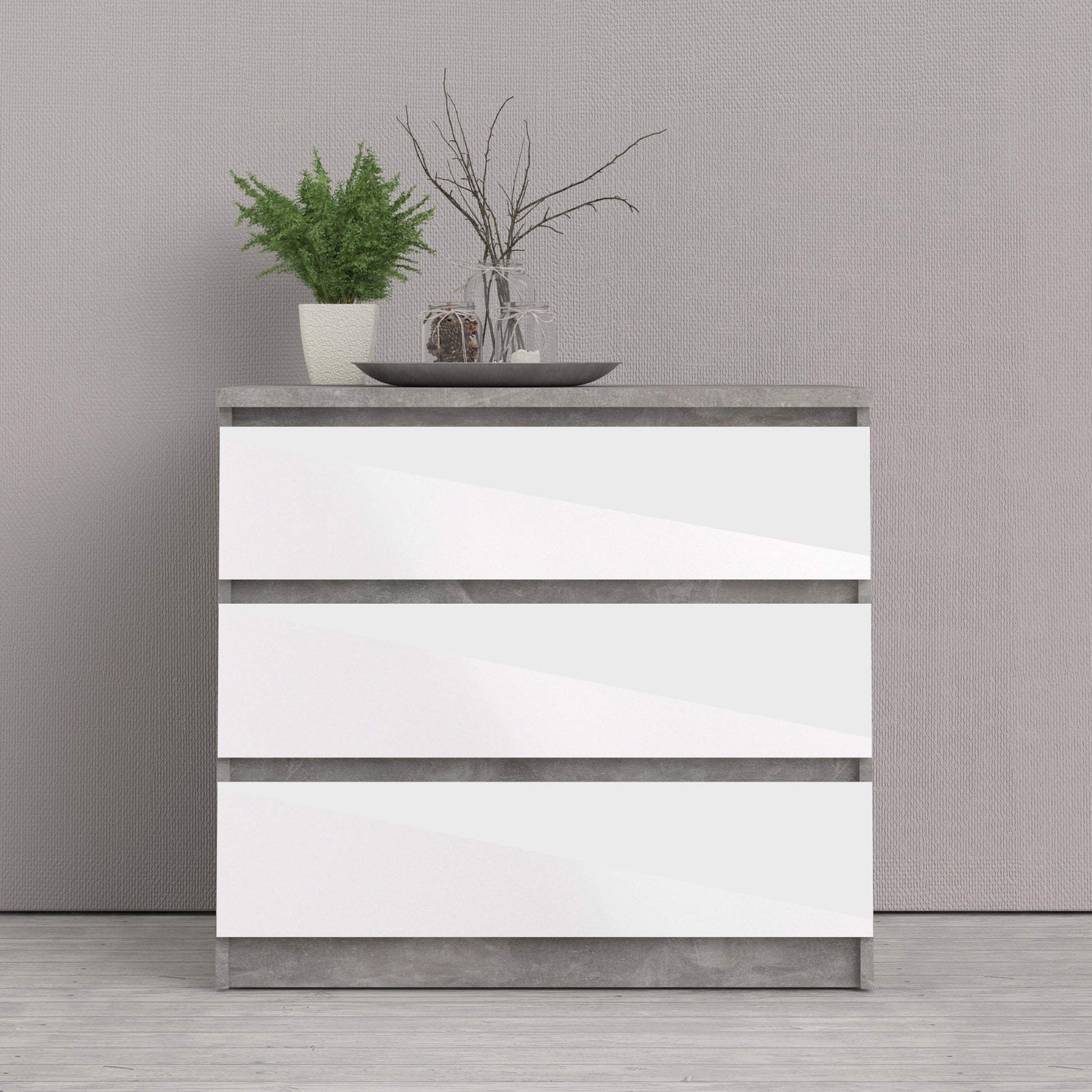 Naia  Chest of 3 Drawers in Concrete and White High Gloss