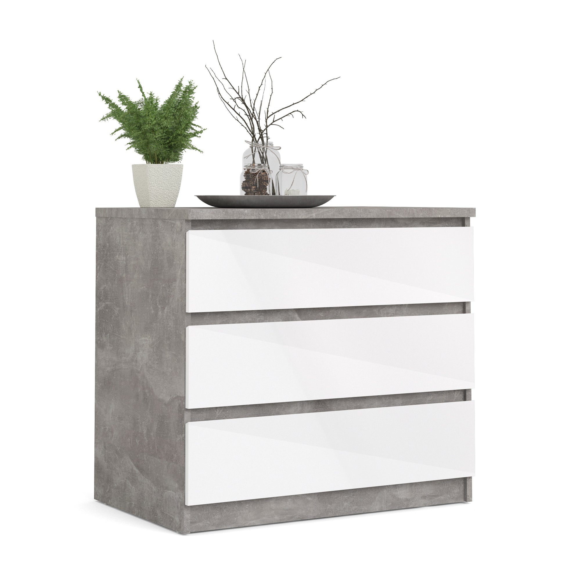 Naia  Chest of 3 Drawers in Concrete and White High Gloss